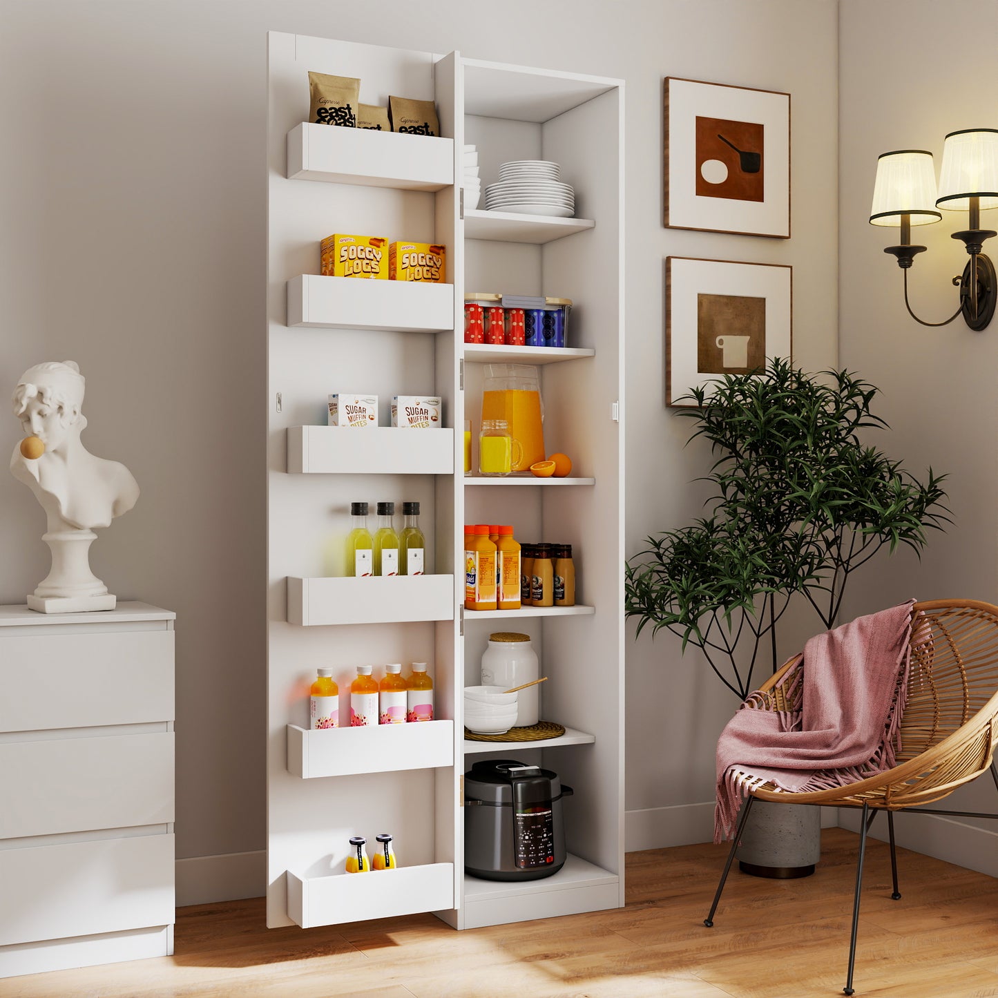 VIYET 71" Freestanding Kitchen Pantry Cabinet - White Particle Board+MDF, 2 Adjustable Shelves, Side Racks