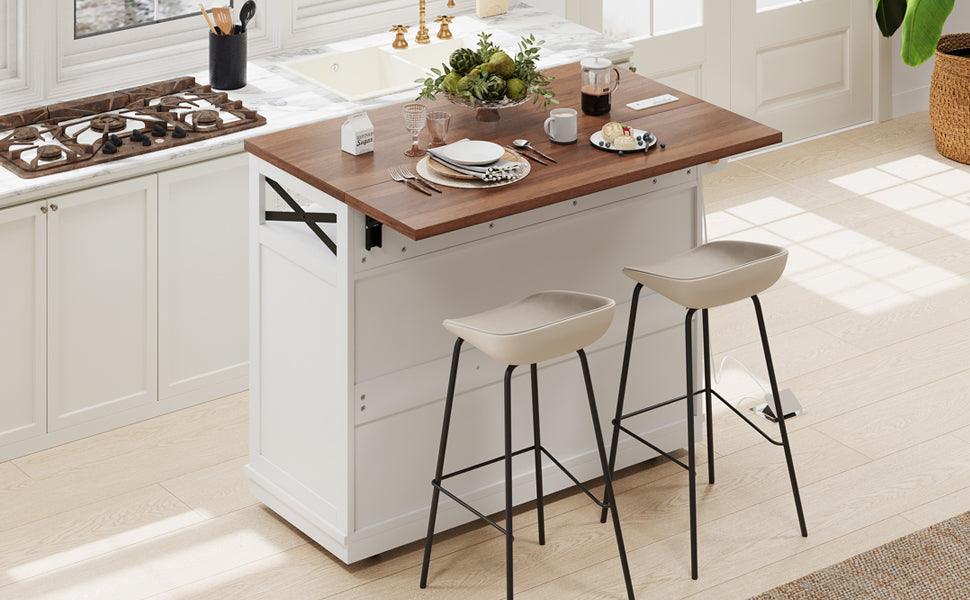 VIYET 39" K&K Farmhouse Rolling Kitchen Island, White MDF Cart w/ Bead Drape, Power Outlet & Drop Leaf (3 Doors+3 Drawers+Internal Iron Shelf)