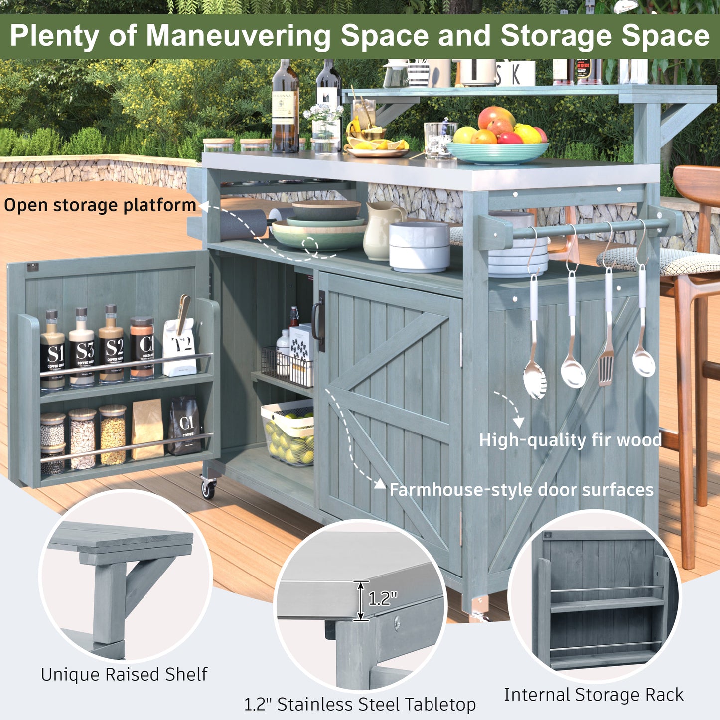VIYET 43" K&K Outdoor Kitchen Island, Grey-Blue Solid Wood Grill Cart w/ Stainless Steel Top (Raised Shelf+Adjustable Storage Rack)