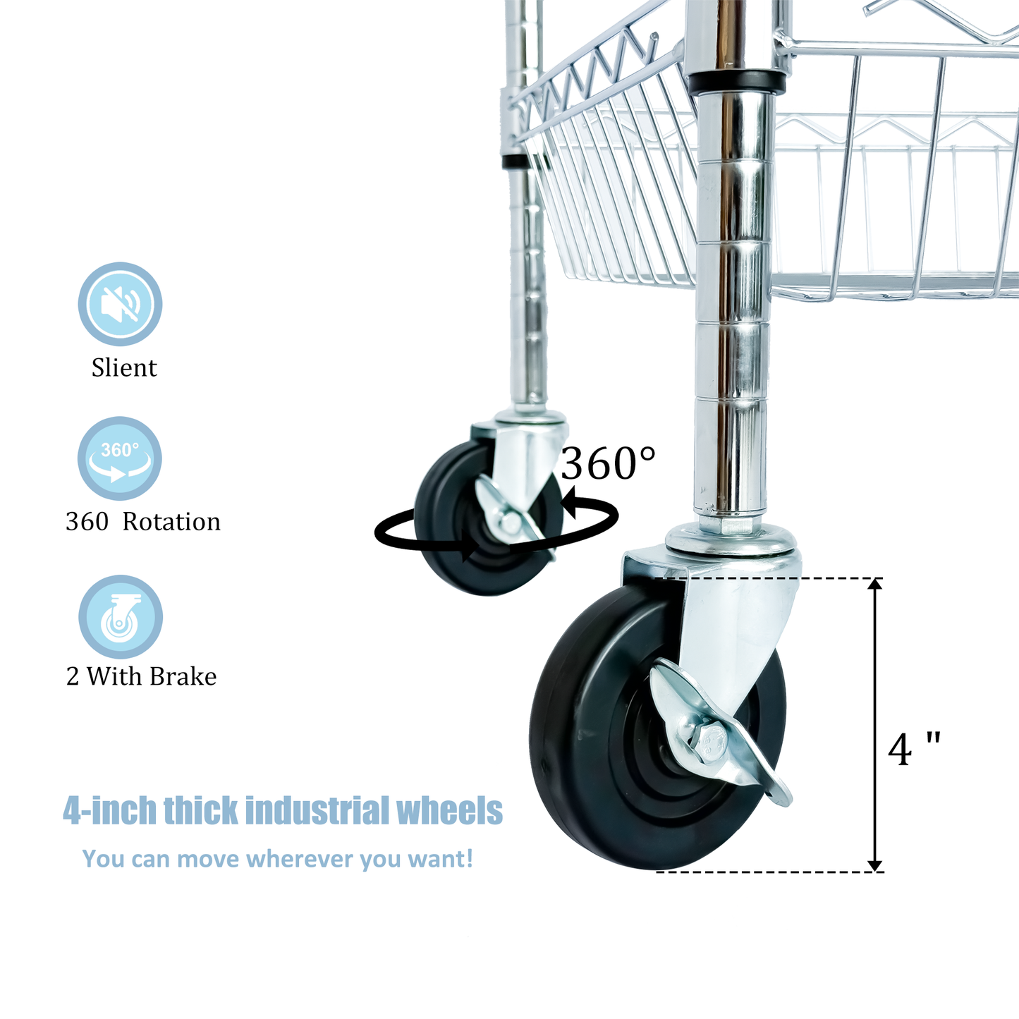 VIYET 32"H Heavy Duty 3 Tier Rolling Utility Cart, 600LBS Capacity Chrome Cart with Handle, Shelf Liners & Locking Wheels