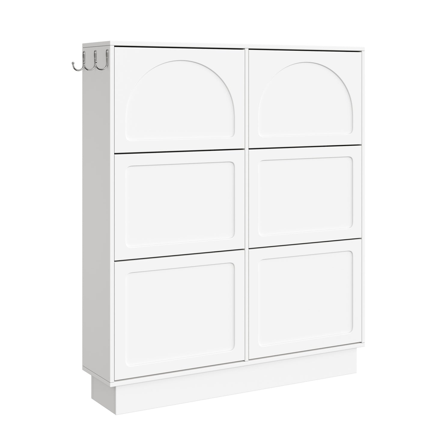 VIYET 49" Cream-Style Narrow Shoe Cabinet, White MDF Organizer w/ 6 Flip Drawers & 3 Silver Hooks (Adjustable Shelves)
