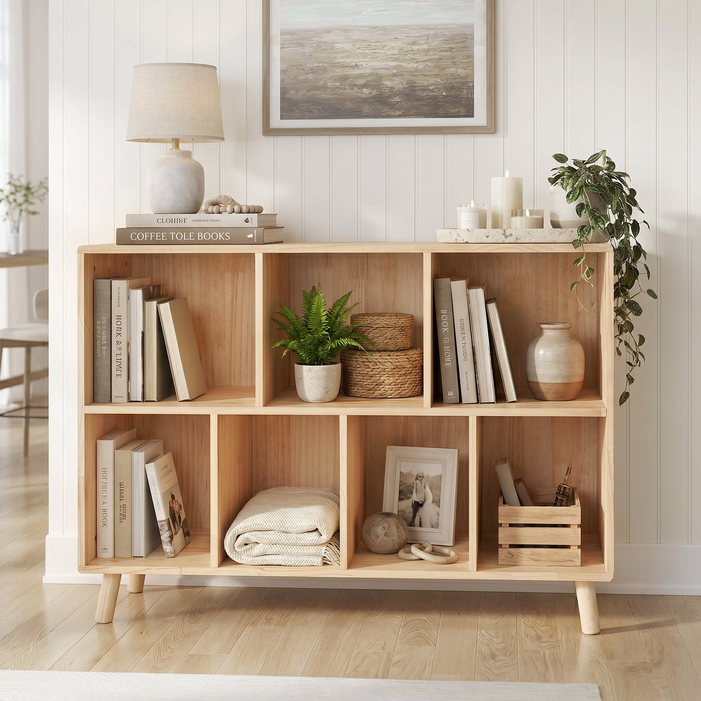 VIYET 7 Cube Pine Wood Bookshelf, 45" Storage Organizer Bookcase for Books, Toys & Decor, Modern Wood Shelf for Bedroom, Nursery & Home Office