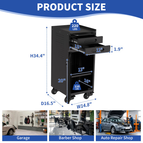 VIYET 34.3" Narrow Rolling Tool Cabinet with Lockable Door & 2 Drawers, Slim Metal Storage Organizer on Wheels