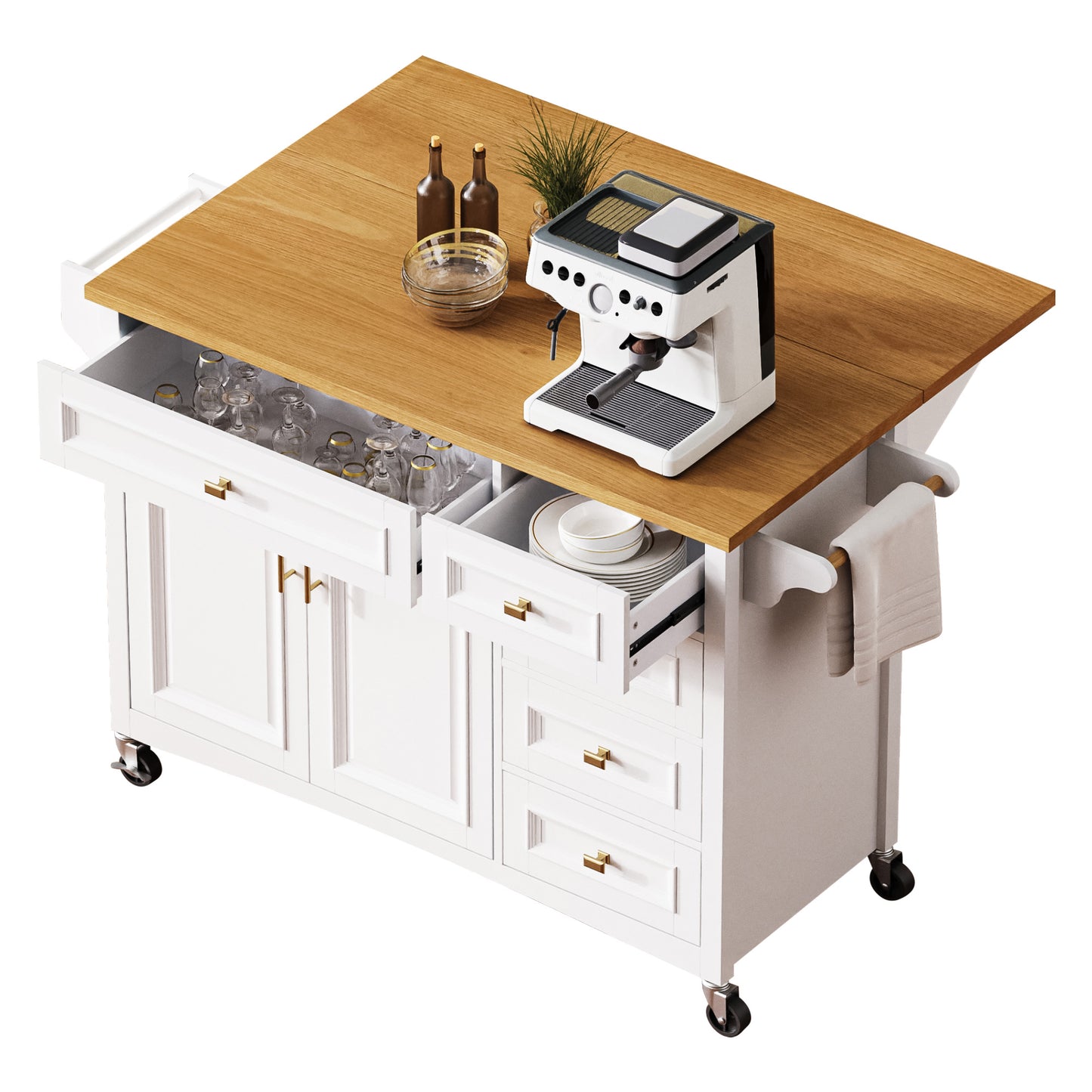 VIYET 36" K&K Kitchen Island with Drop Leaf, White MDF Storage Cart w/ Oak Veneer Top (2 Doors+5 Drawers+Adjustable Shelf)
