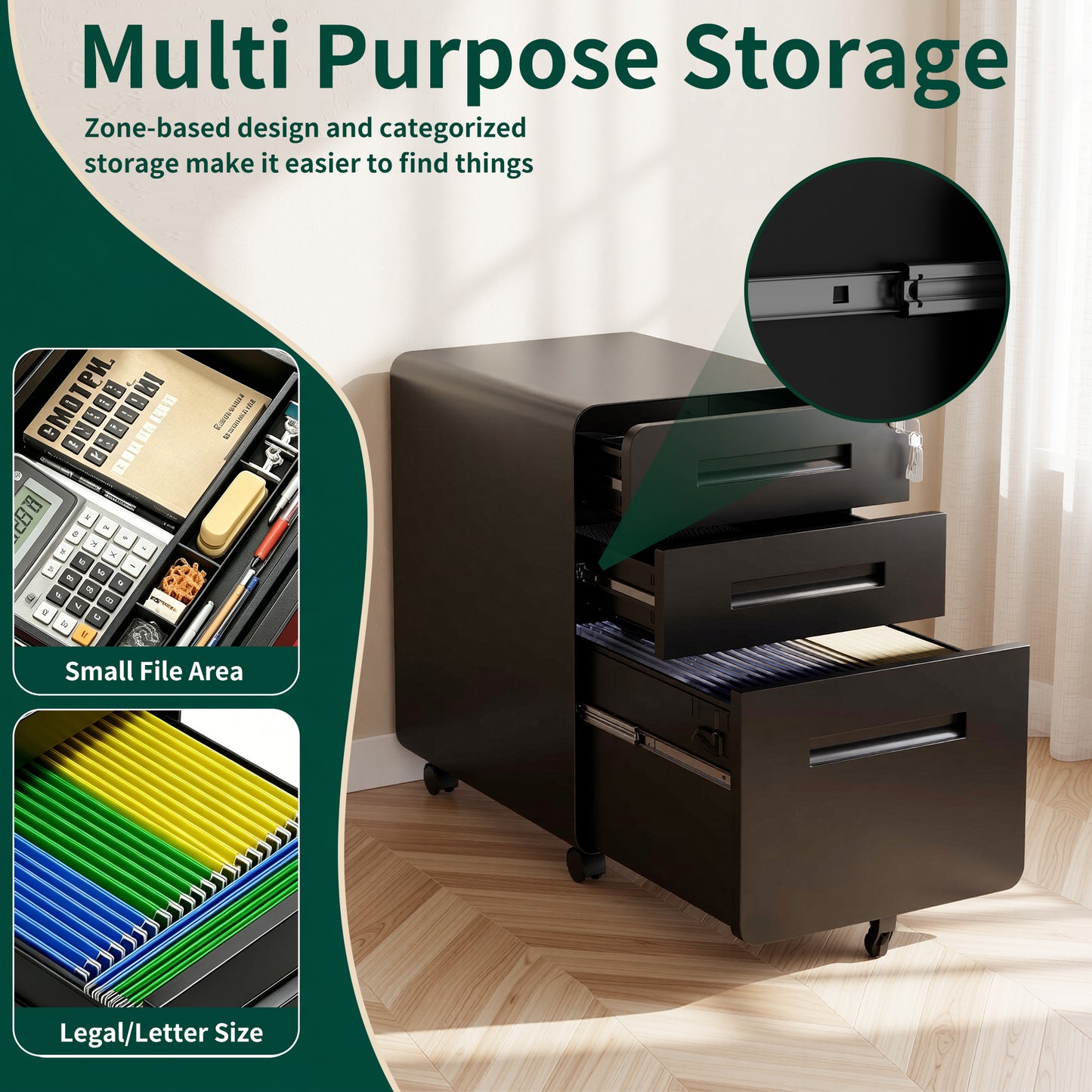 VIYET 3 Drawer Filing Cabinet with Lock, Black Rolling Metal Office Cabinet, Secure Document Storage Organizer for Letter & Legal Files