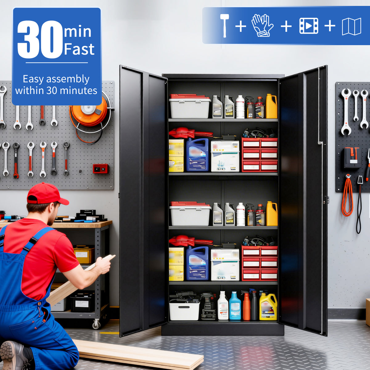 VIYET 72" Metal Storage Cabinet with Keypad Lock, Double Door Steel Garage Cabinet, 4 Adjustable Shelves, 150 lbs per Shelf