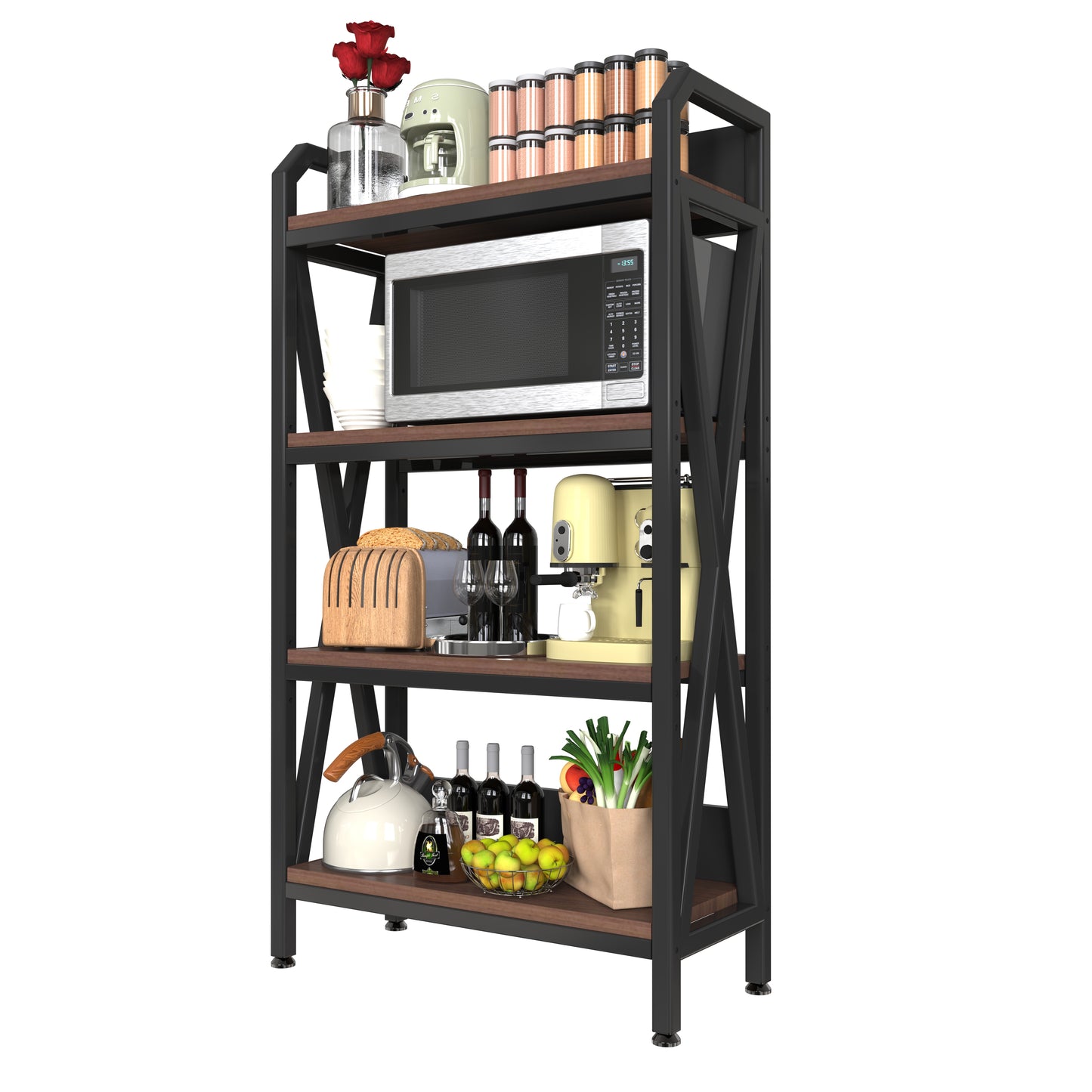 VIYET 56.3"H 4-Level Bakers Rack, Metal & Wooden Kitchen Storage Shelf (Adjustable Multi-Scene Organizer for Garage/Pantry/Bathroom)