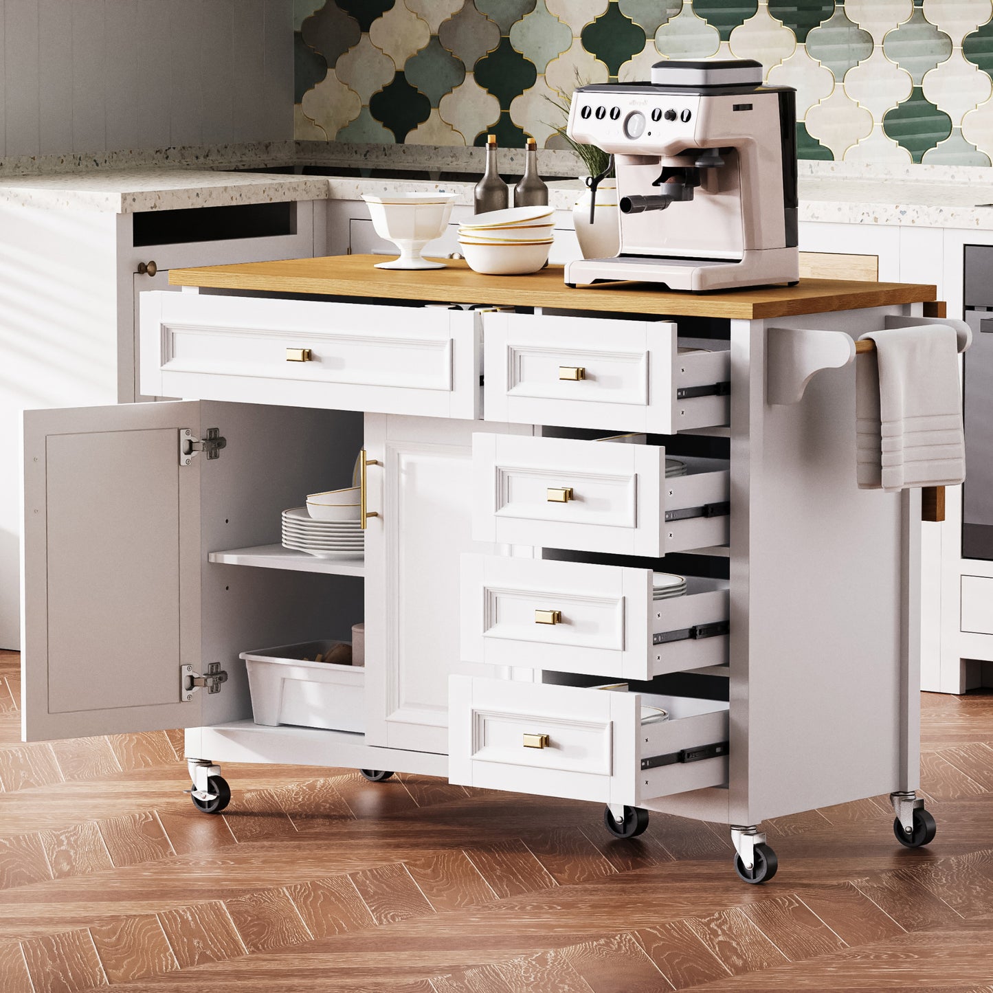 VIYET 36" K&K Kitchen Island with Drop Leaf, White MDF Storage Cart w/ Oak Veneer Top (2 Doors+5 Drawers+Adjustable Shelf)