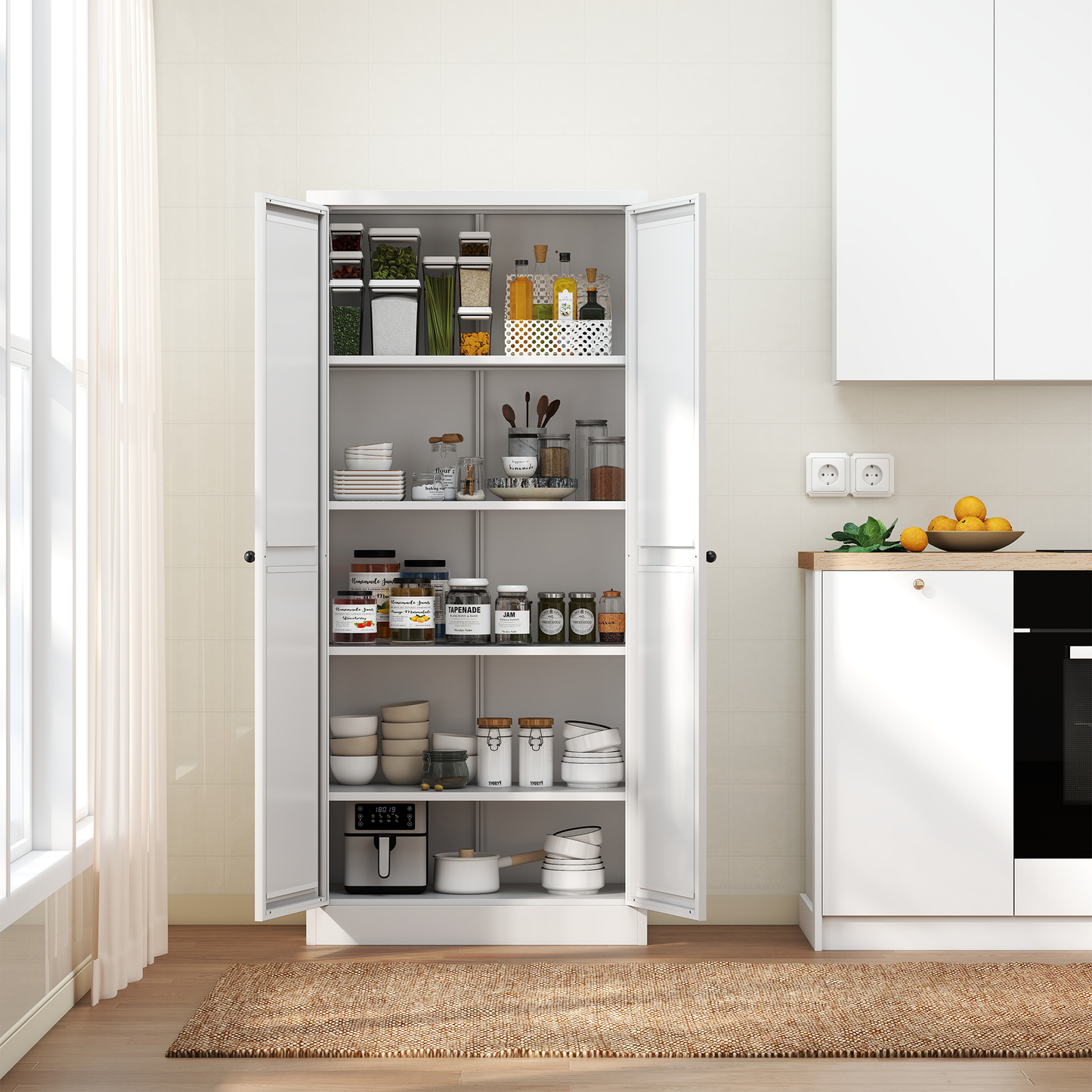 VIYET 61"H White Metal Kitchen Pantry Cabinet - 4 Adjustable Shelves (110lbs/Shelf), Tool-Free Assembly Freestanding Storage Organizer for Kitchen/Pantry/Living Room