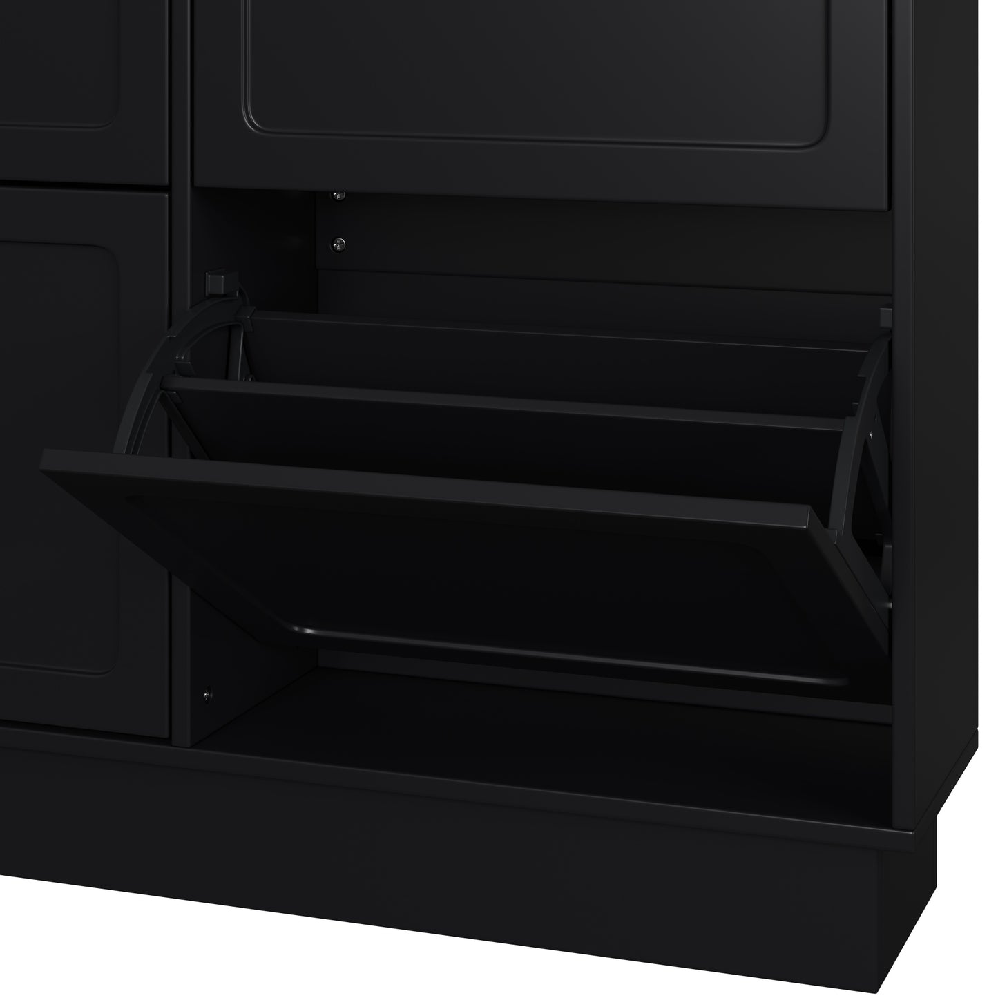 VIYET 49" 6-Flip-Drawer Narrow Shoe Cabinet, Black MDF Cream-Style Organizer w/ Adjustable Shelves & 3 Silver Hooks