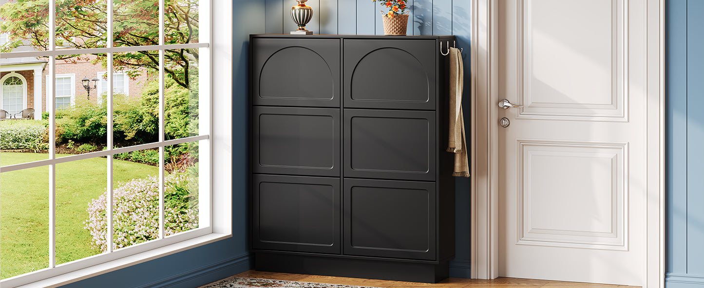 VIYET 49" 6-Flip-Drawer Narrow Shoe Cabinet, Black MDF Cream-Style Organizer w/ Adjustable Shelves & 3 Silver Hooks