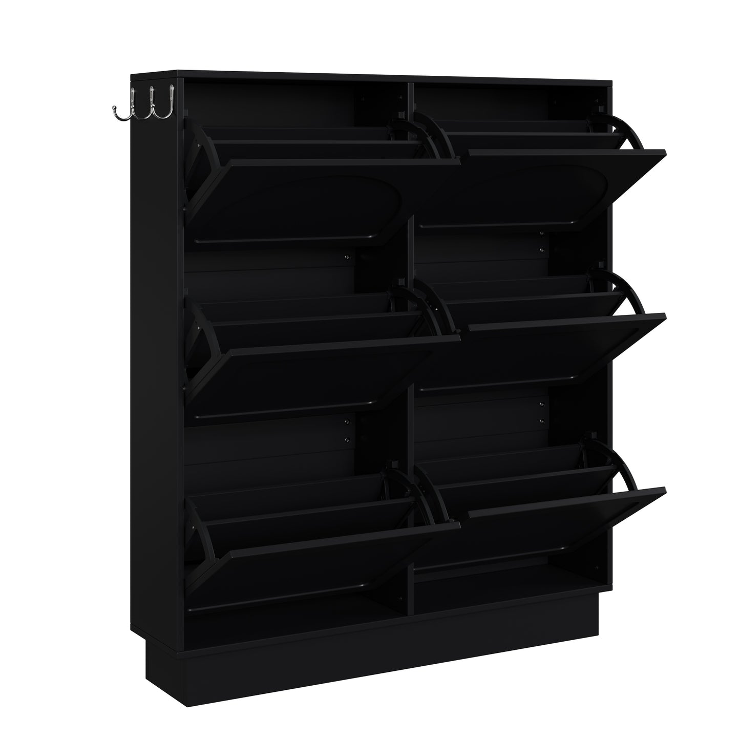 VIYET 49" 6-Flip-Drawer Narrow Shoe Cabinet, Black MDF Cream-Style Organizer w/ Adjustable Shelves & 3 Silver Hooks