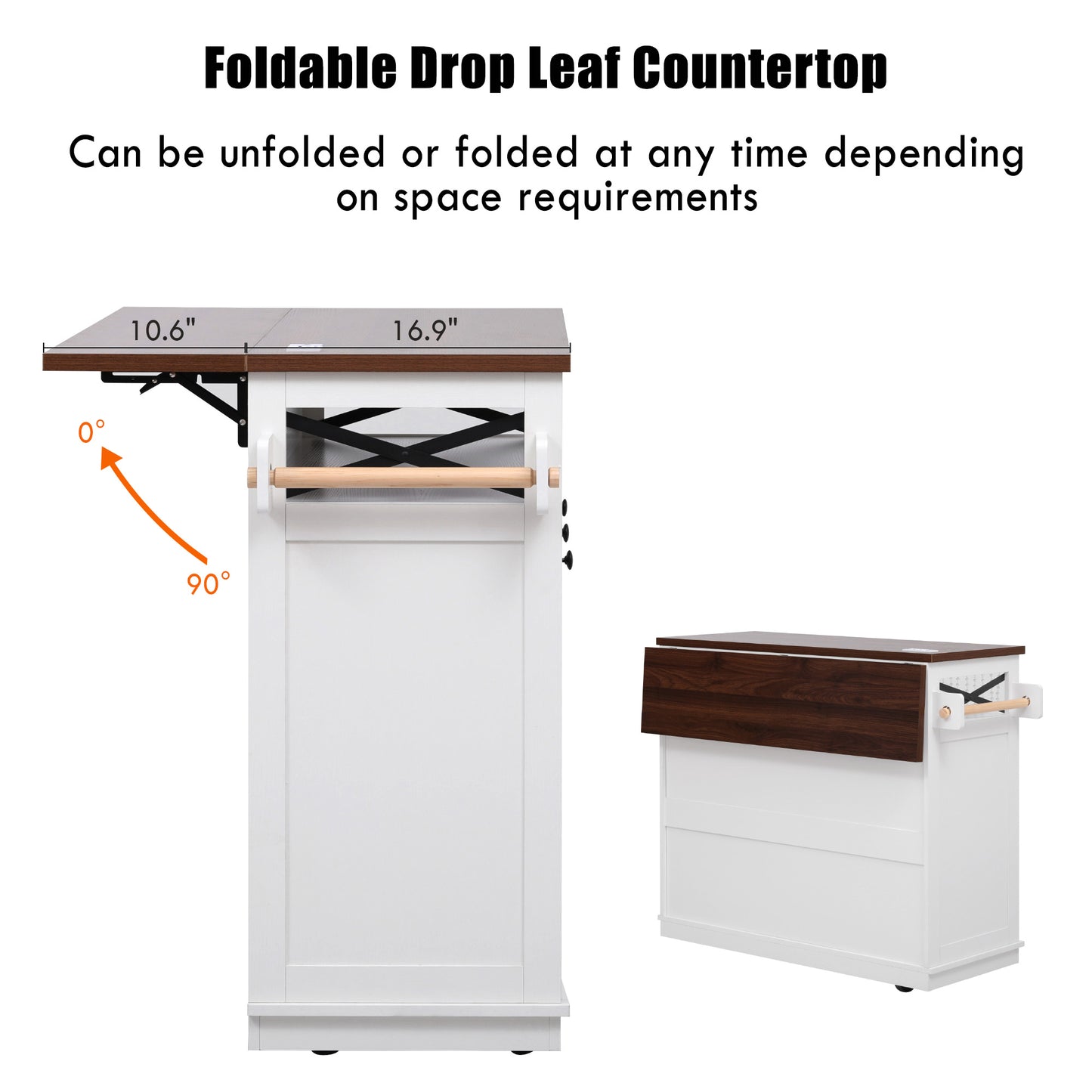 VIYET 39" K&K Farmhouse Rolling Kitchen Island, White MDF Cart w/ Bead Drape, Power Outlet & Drop Leaf (3 Doors+3 Drawers+Internal Iron Shelf)