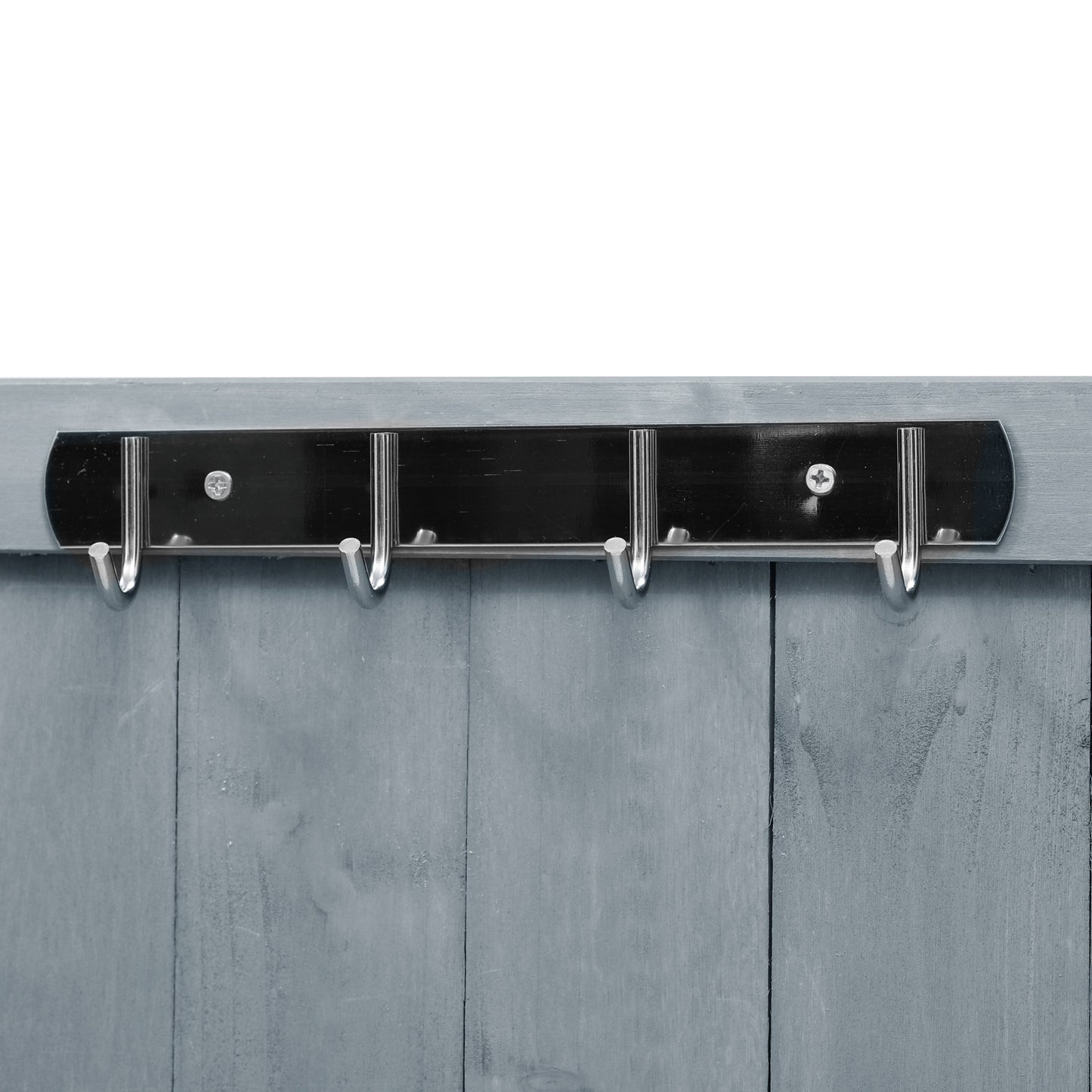 VIYET 43" K&K Outdoor Kitchen Island, Grey-Blue Solid Wood Grill Cart w/ Stainless Steel Top (Raised Shelf+Adjustable Storage Rack)