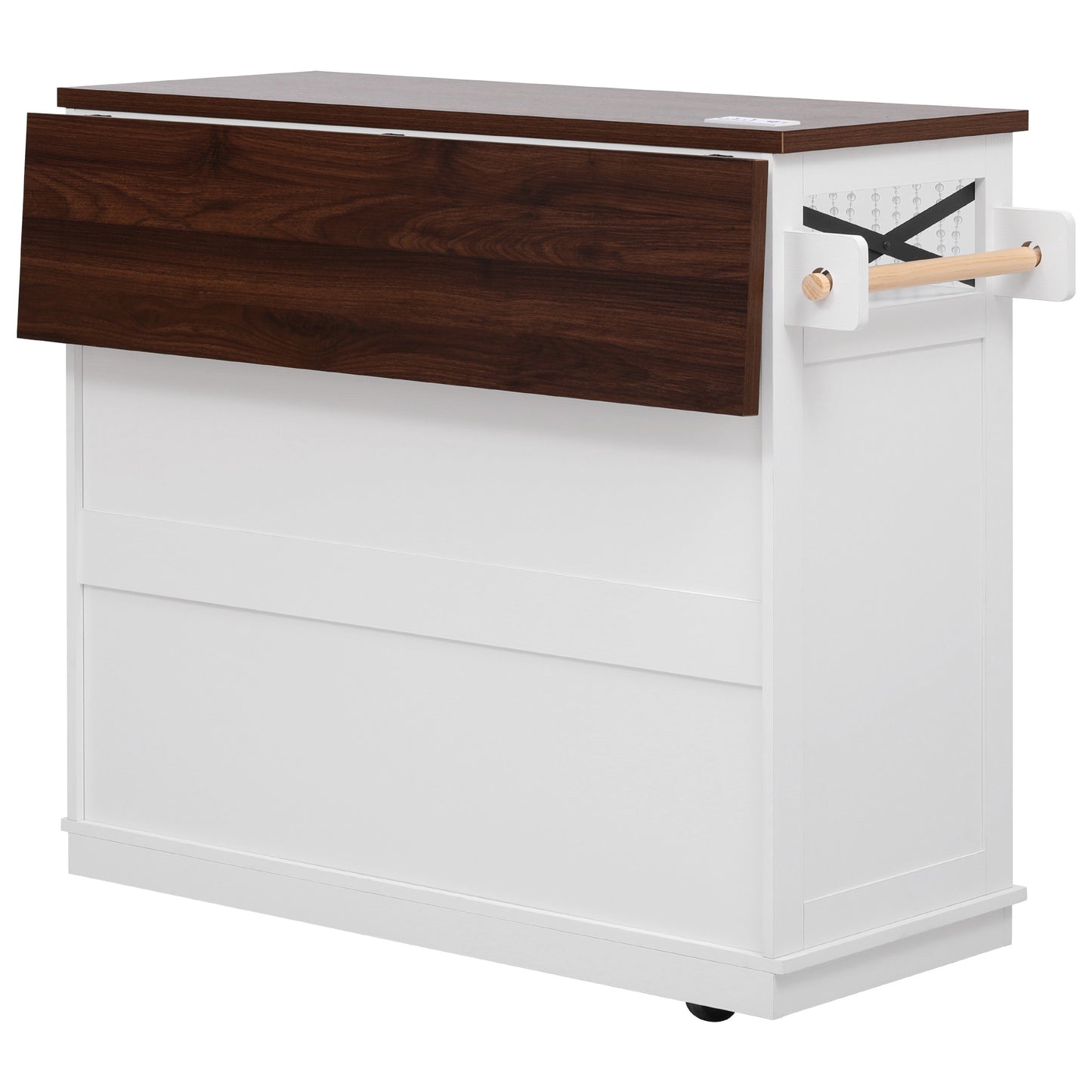 VIYET 39" K&K Farmhouse Rolling Kitchen Island, White MDF Cart w/ Bead Drape, Power Outlet & Drop Leaf (3 Doors+3 Drawers+Internal Iron Shelf)