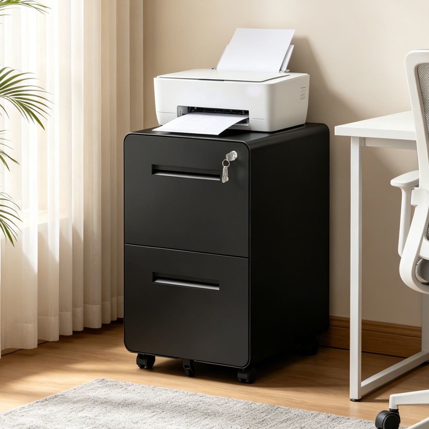 VIYET 2 Drawer Rolling File Cabinet, Black Metal Mobile Filing Cabinet with Lock, Steel Office Storage Cabinet for Letter Legal Files, Home Office Organizer