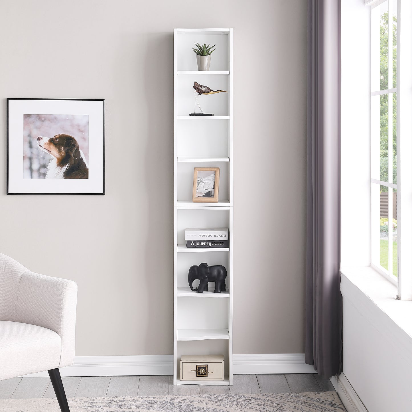VIYET 71" 8-Tier Ultra-Thin Adjustable Bookshelf,White MDF Display Rack w/ Wavy Border (Detachable Home Office Organizer)