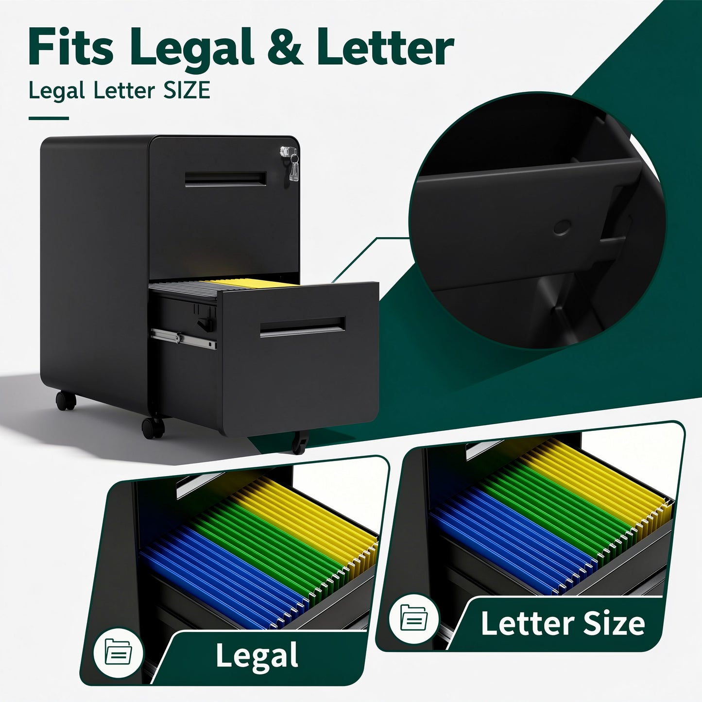 VIYET 2 Drawer Rolling File Cabinet, Black Metal Mobile Filing Cabinet with Lock, Steel Office Storage Cabinet for Letter Legal Files, Home Office Organizer