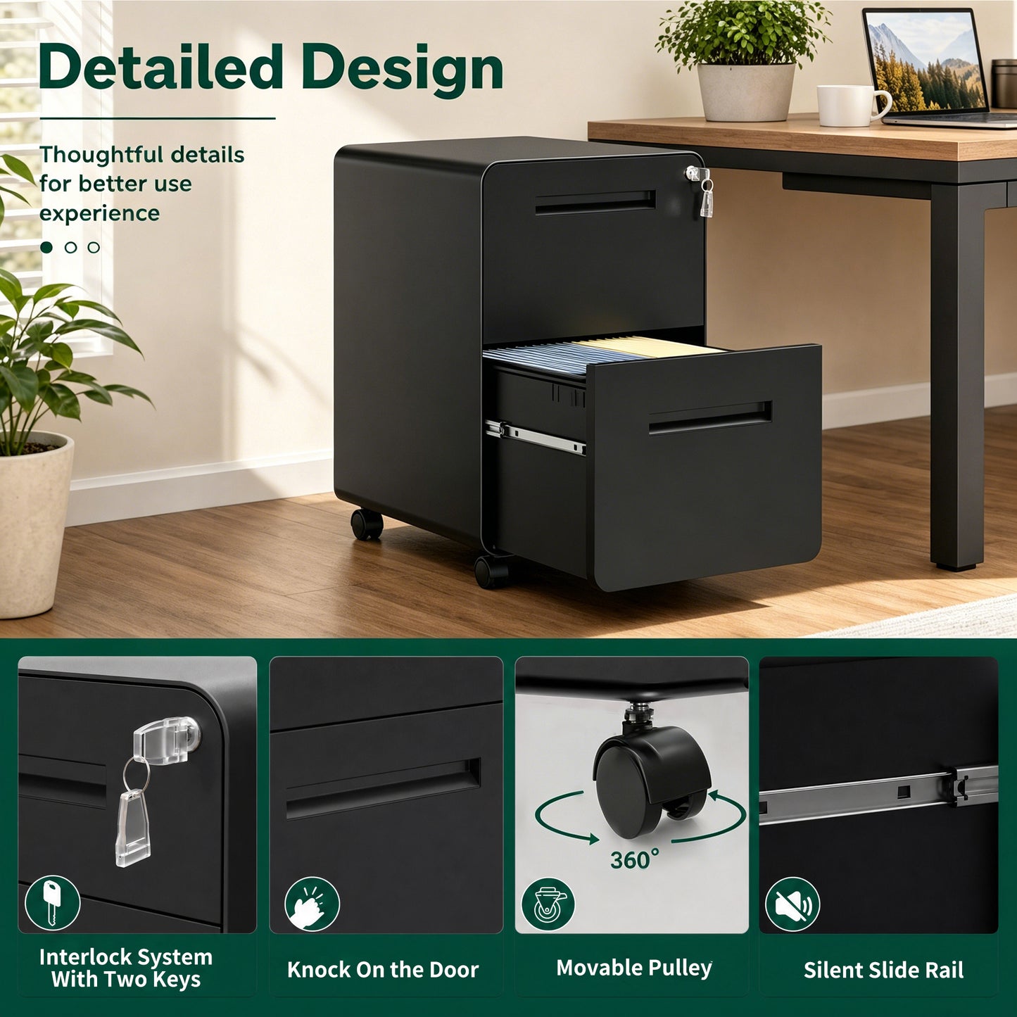 VIYET 2 Drawer Rolling File Cabinet, Black Metal Mobile Filing Cabinet with Lock, Steel Office Storage Cabinet for Letter Legal Files, Home Office Organizer