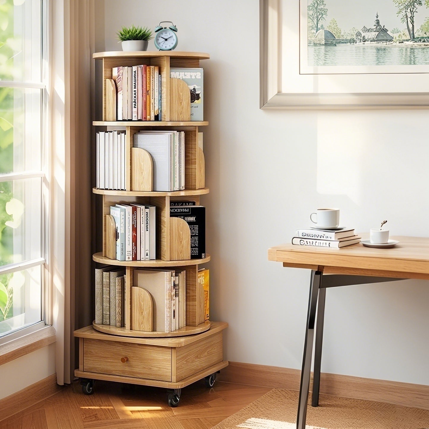 VIYET 56" 5-Tier 360° Rotating Bookshelf, Oak MDF Tower w/ Wheels & Drawer (Space-Saving Storage for Home/Office)
