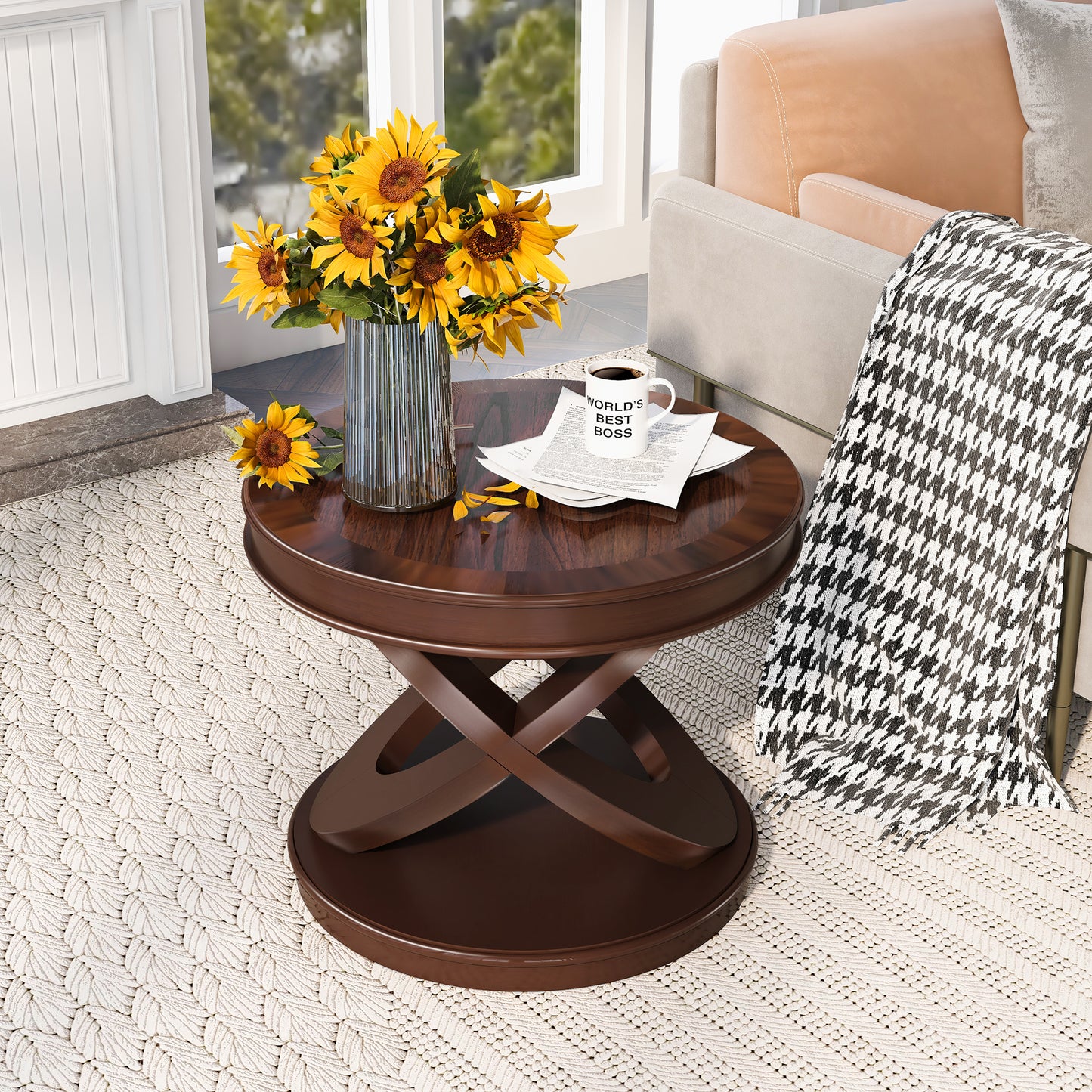 VIYET 20" Retro Round Wooden End Table - X-Shape Base, Solid Wood Veneer, Walnut