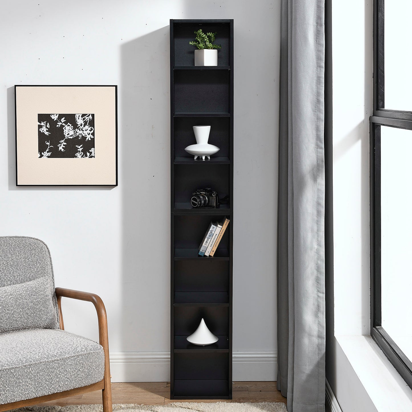 VIYET 11.6"×9.3"×70.9" 8-Tier Media Tower Rack - Black MDF, Adjustable Shelves