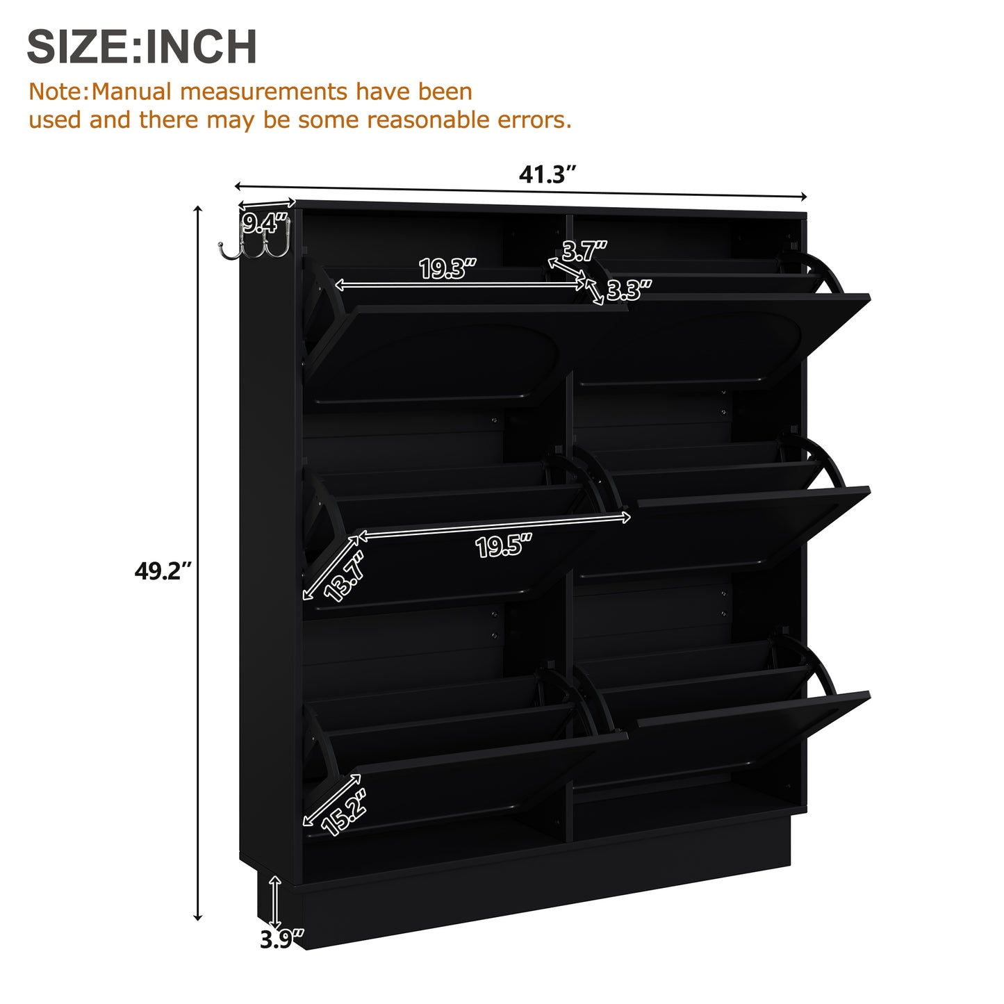 VIYET 49" 6-Flip-Drawer Narrow Shoe Cabinet, Black MDF Cream-Style Organizer w/ Adjustable Shelves & 3 Silver Hooks