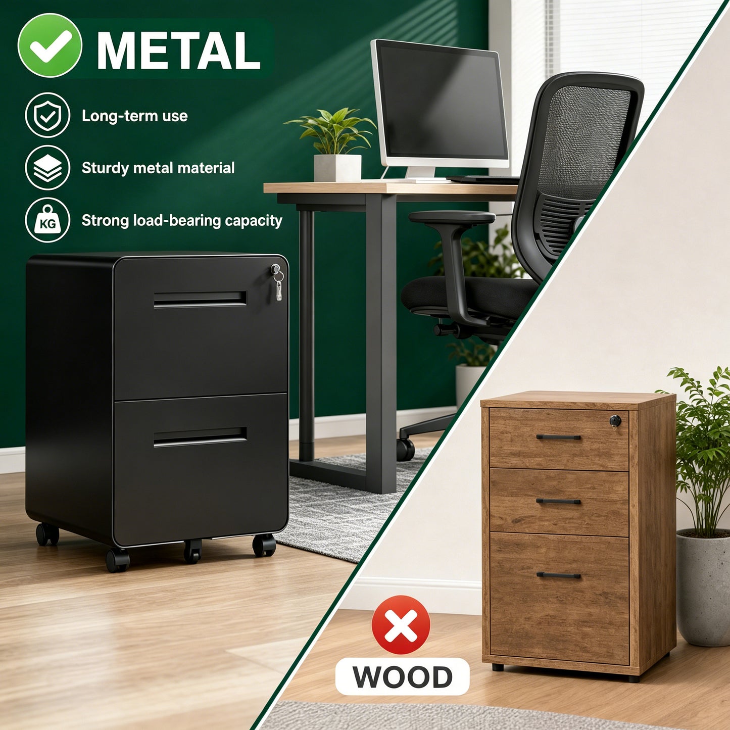 VIYET 2 Drawer Rolling File Cabinet, Black Metal Mobile Filing Cabinet with Lock, Steel Office Storage Cabinet for Letter Legal Files, Home Office Organizer