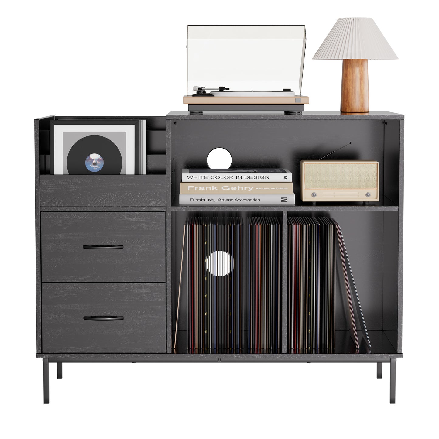 VIYET 35" Eco-Friendly Record Player Stand with Flip-Top, Black MDF+Metal Media Console w/ 2-Outlet Power Strip & Dustproof Storage