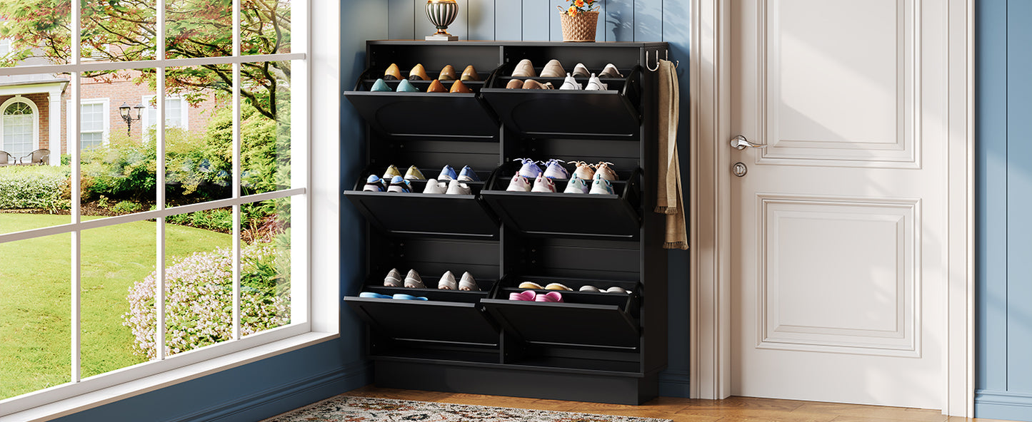 VIYET 49" 6-Flip-Drawer Narrow Shoe Cabinet, Black MDF Cream-Style Organizer w/ Adjustable Shelves & 3 Silver Hooks