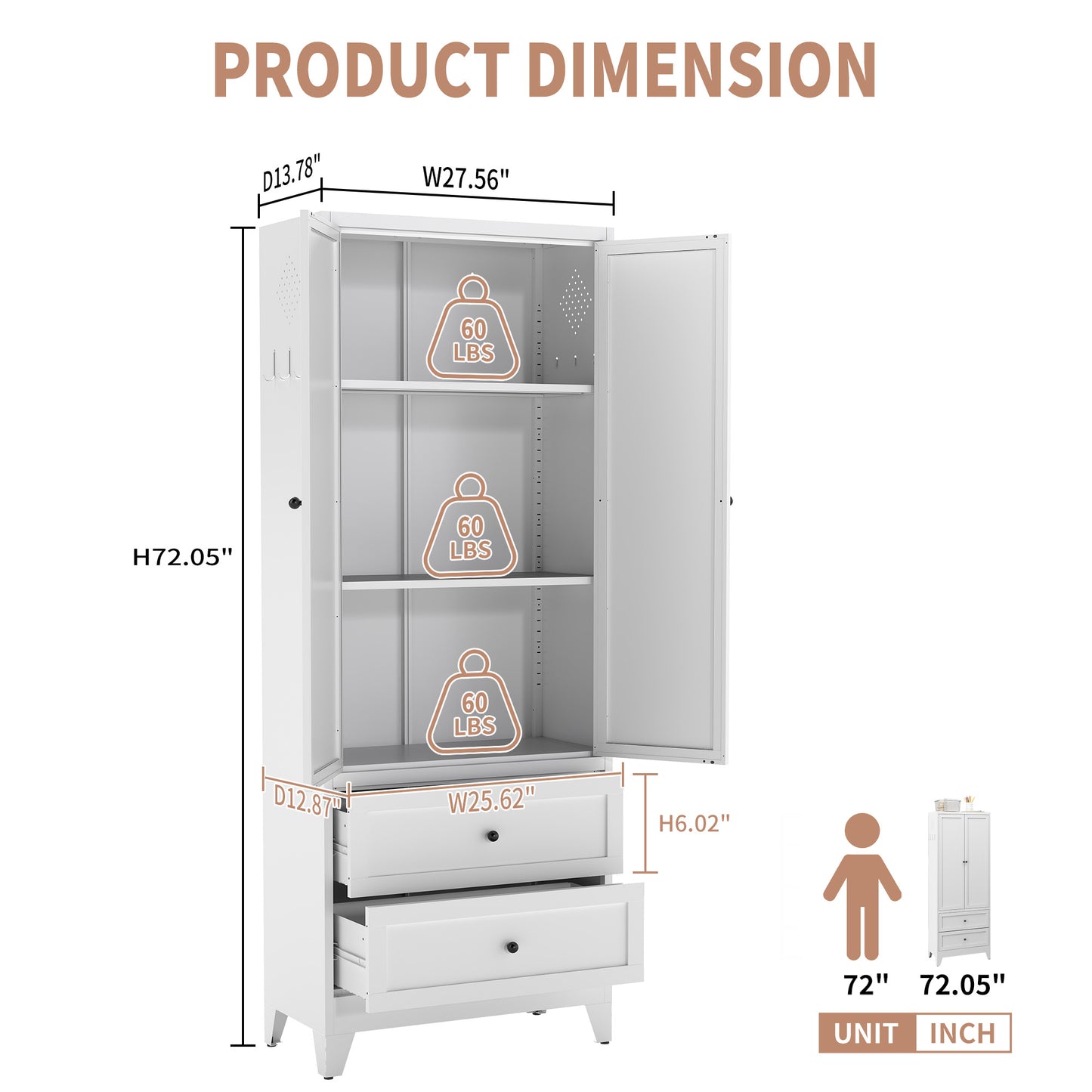 VIYET 72"H Heavy-Duty Steel Pantry Cabinet,2 Drawers+2 Adjustable Shelves,60LBS/Level Freestanding for Kitchen/Pantry/Dining Room (White)