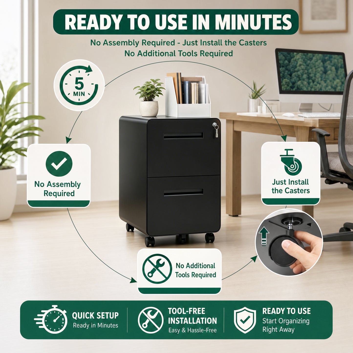 VIYET 2 Drawer Rolling File Cabinet, Black Metal Mobile Filing Cabinet with Lock, Steel Office Storage Cabinet for Letter Legal Files, Home Office Organizer