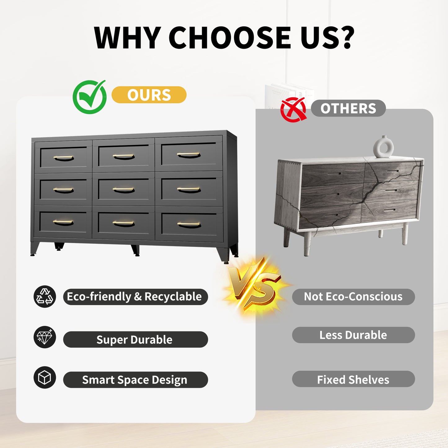 VIYET 9-Drawer Black Dresser for Bedroom, 52" Wide Low-Profile Chest of Drawers with Smooth-Glide Storage