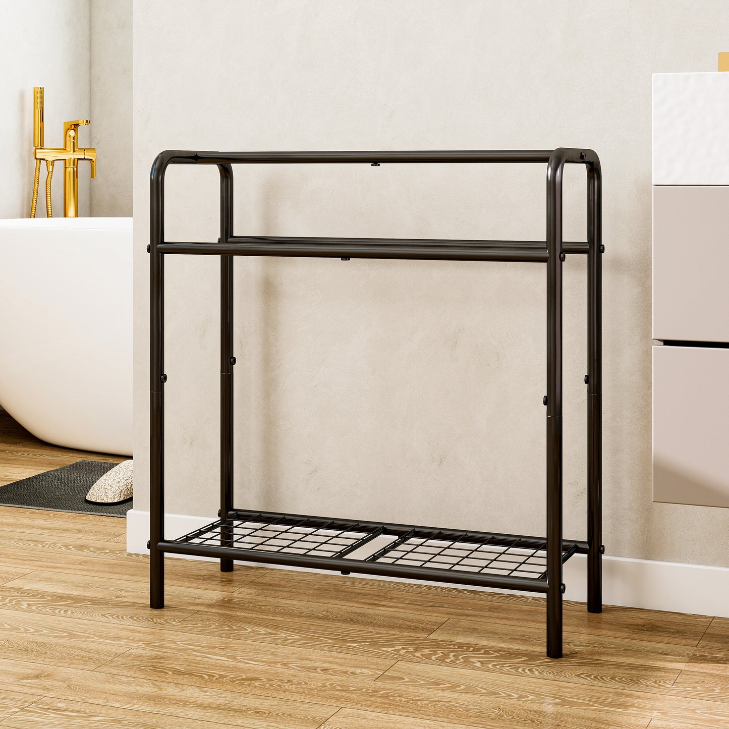 VIYET 30" 3-Tier Metal Towel Rack, Freestanding Black Storage Holder (Bathroom/Bedroom/Pool Display Organizer)