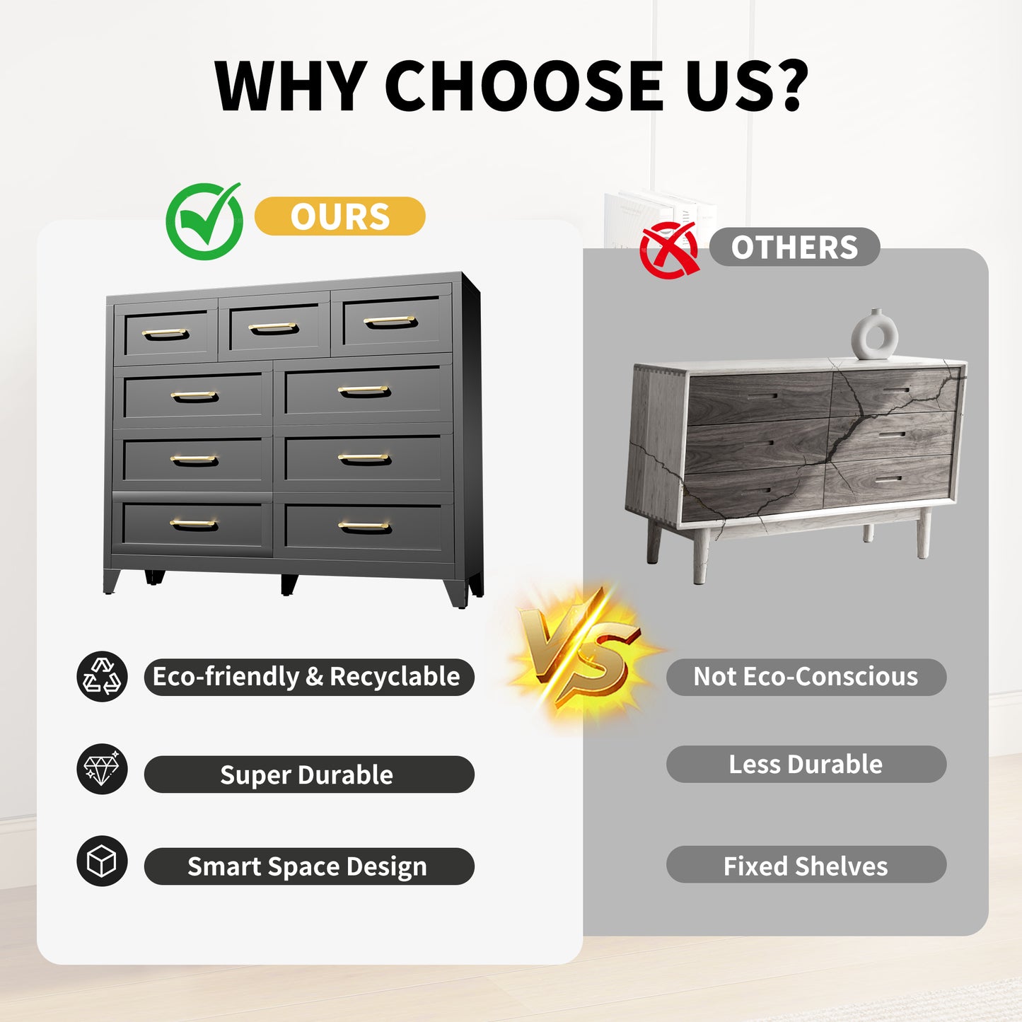 VIYET 9-Drawer Black Dresser for Bedroom, Tall Wide Chest of Drawers with Smooth-Glide Storage