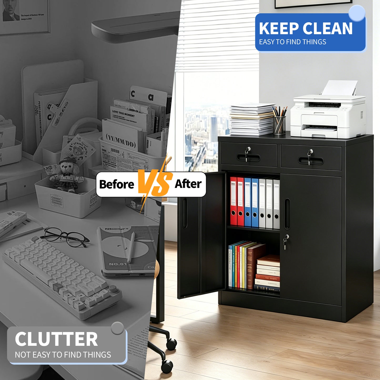 VIYET 35" Metal Storage Cabinet with Lock & 2 Drawers, Locking Steel Office File Cabinet with Adjustable Shelf for Home, Garage & School