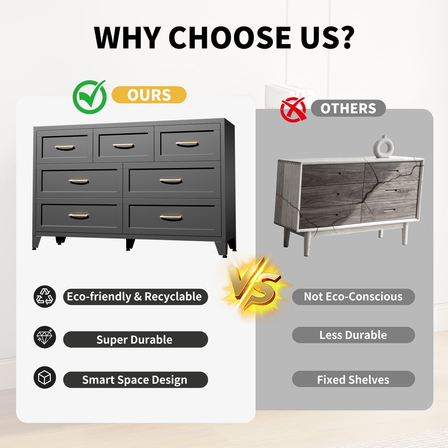 VIYET 7-Drawer Black Dresser, Wide Low-Profile Bedroom Storage Chest with Smooth-Glide Drawers