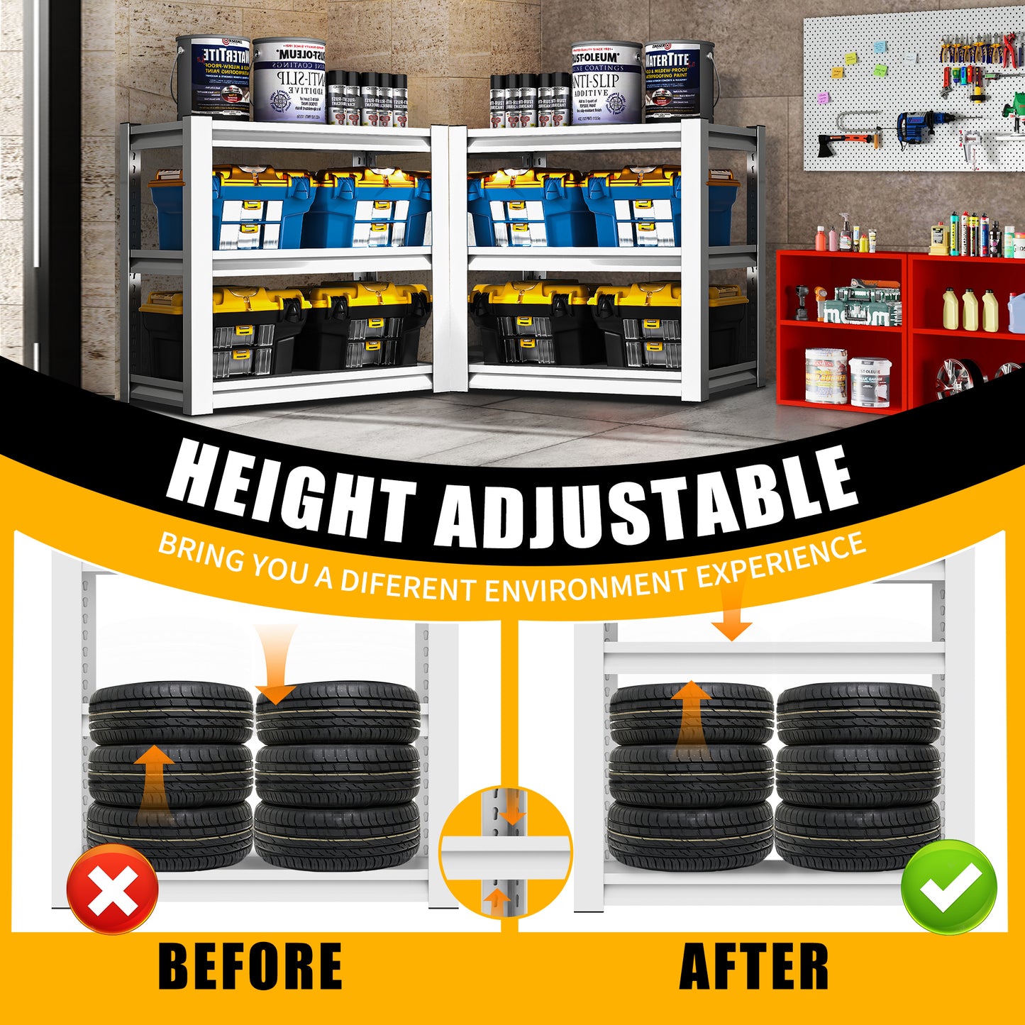 VIYET Heavy Duty 3 Tier Metal Garage Shelving, Adjustable Steel Storage Rack, 2500 LBS Utility Shelf for Garage, Workshop