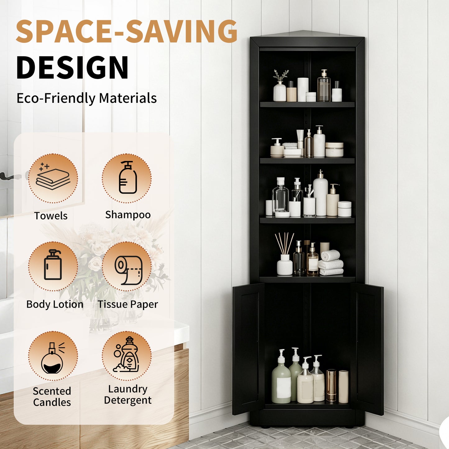 VIYET 71" Tall Black Corner Storage Cabinet, 5-Tier Freestanding Metal Corner Organizer with Adjustable Shelves & Doors