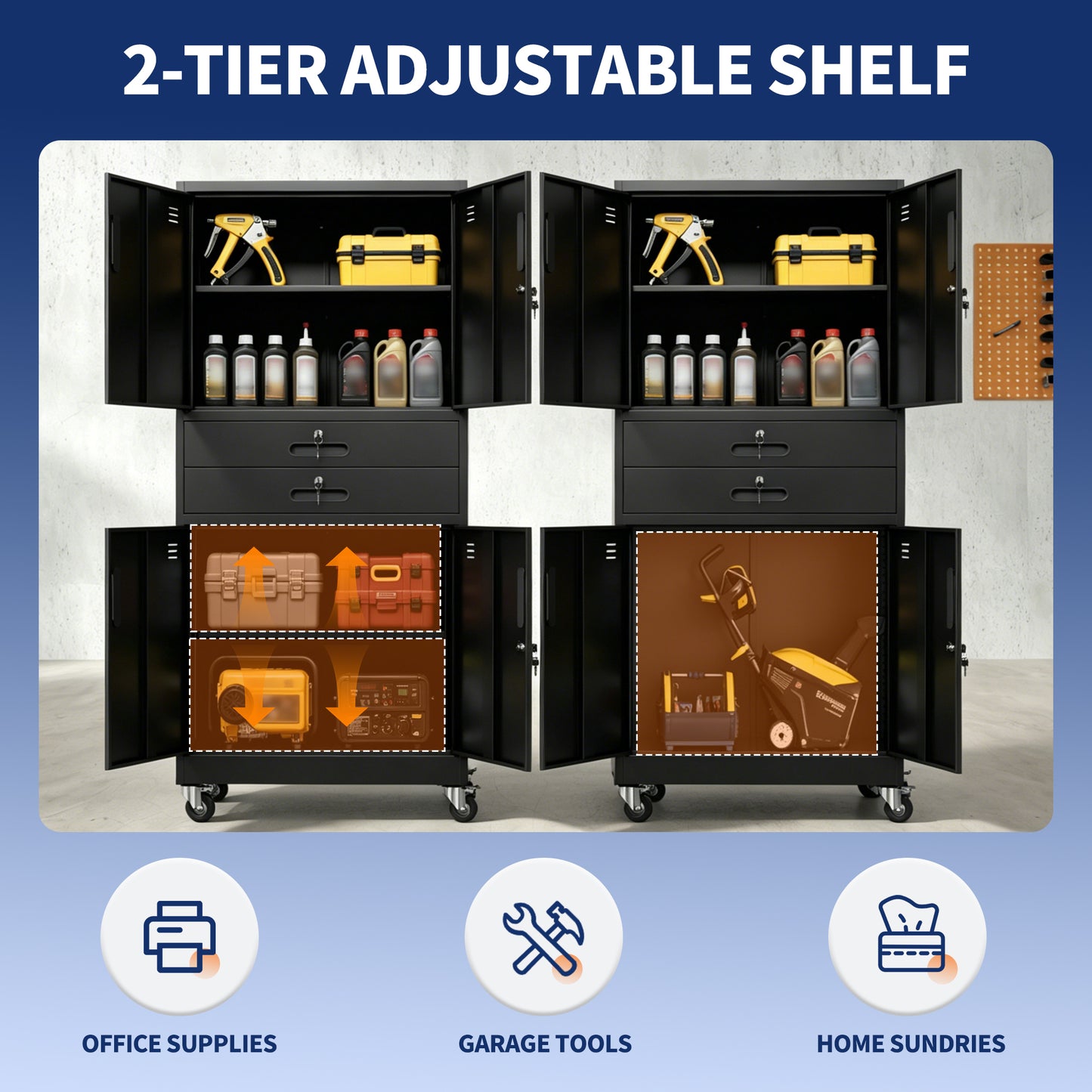 VIYET 71" Metal Garage Storage Cabinet with Drawers, Locking Doors, Pegboard, Wheels & Adjustable Shelves for Workshop Utility Room