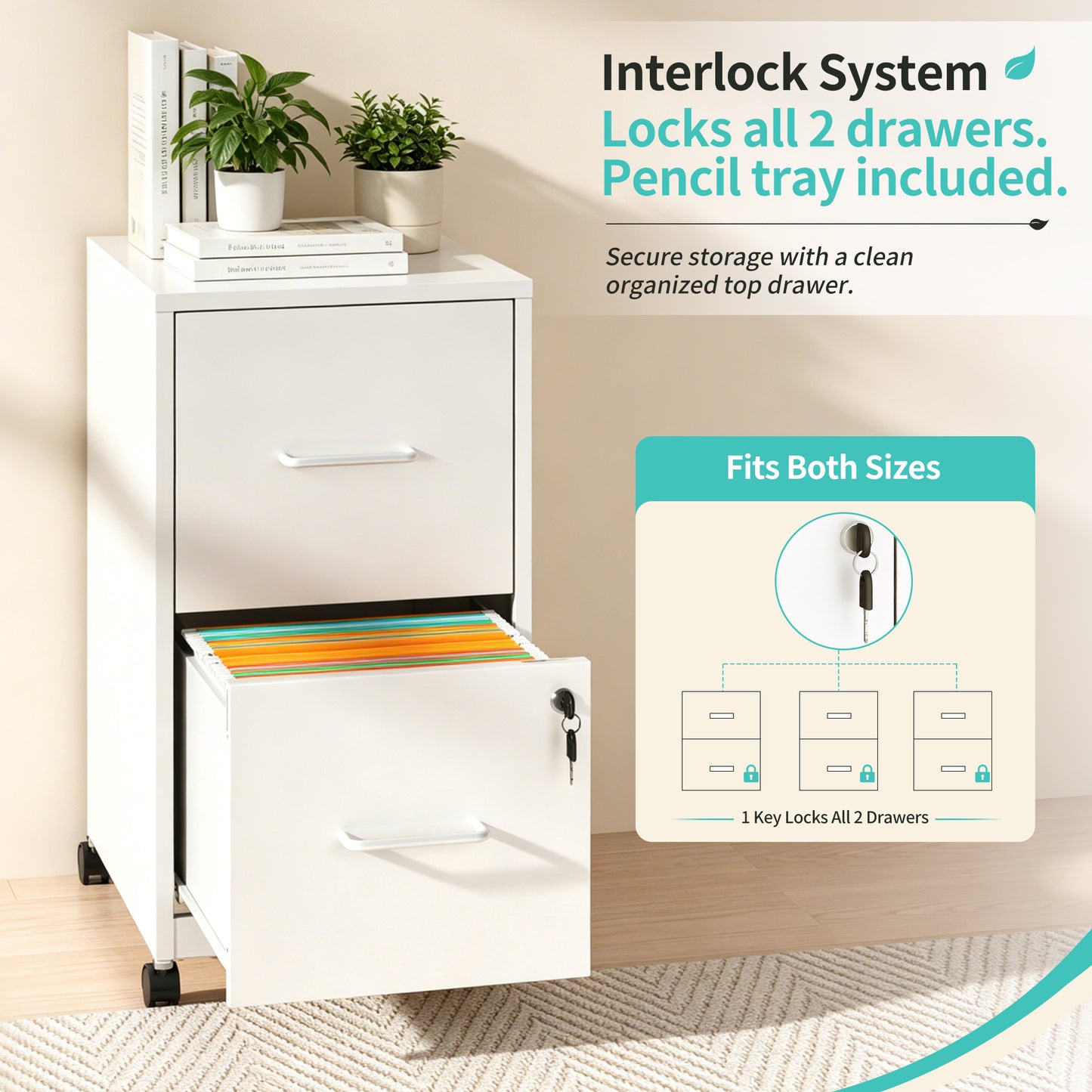 VIYET 25"H 2-Drawer Mobile Lockable File Cabinet with Wheels, Metal Under Desk Rolling Cabinet Fits Letter/Legal/A4
