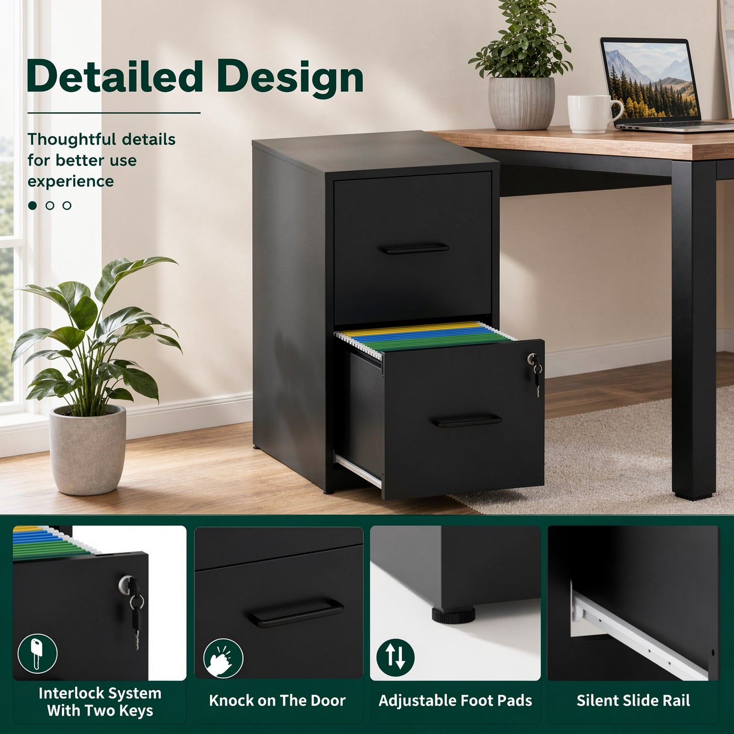 VIYET 2 Drawer Vertical File Cabinet with Lock, Metal Under Desk Filing Cabinet with Anti-Tip Kit, Adjustable Rails for Letter & Legal Files, Black Office Storage