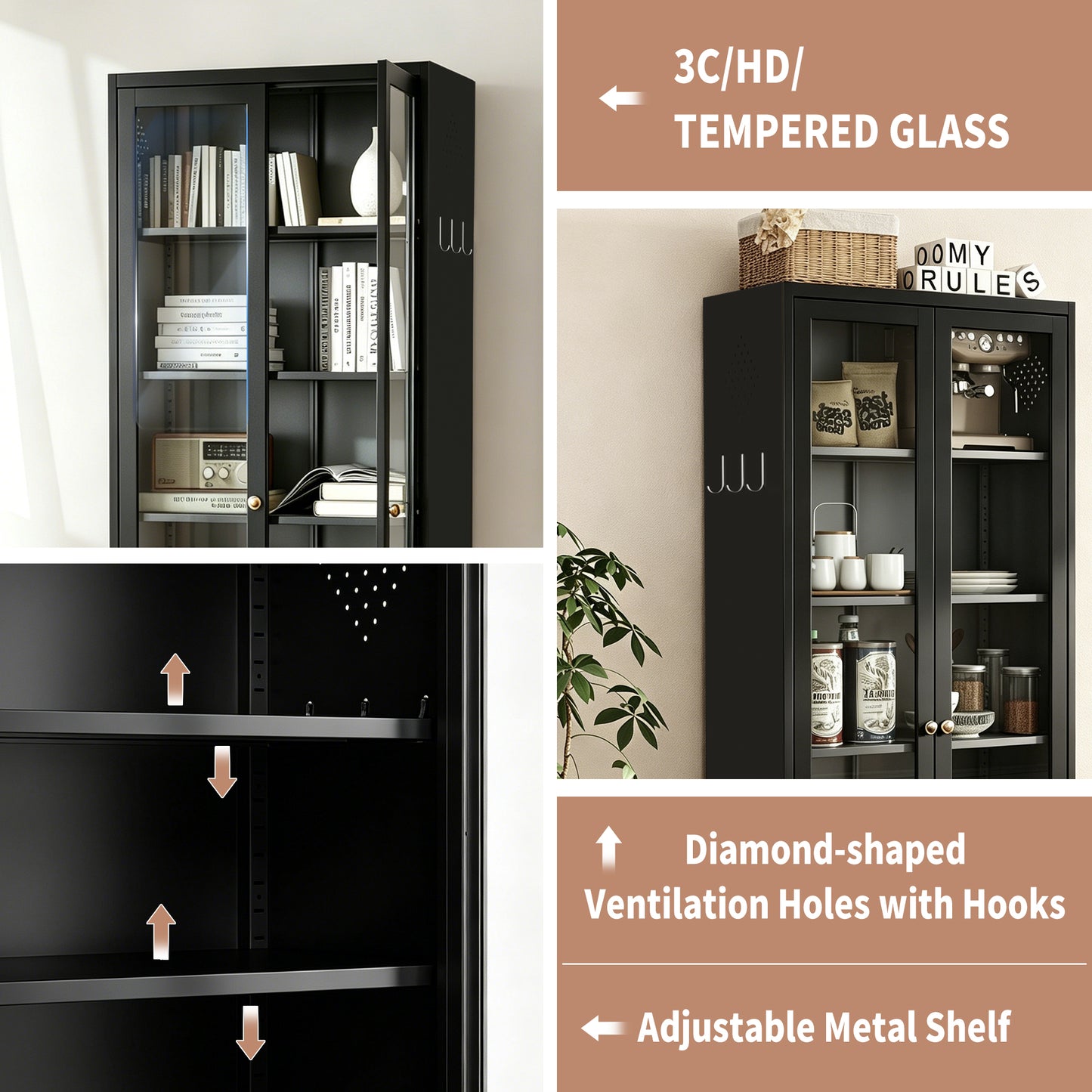 VIYET Metal Pantry Cabinet, 72" Tall Kitchen Storage Cabinet with Glass Doors and 5 Adjustable Shelves, Freestanding Steel Utility Cabinet for Kitchen, Bathroom, Pantry, Black