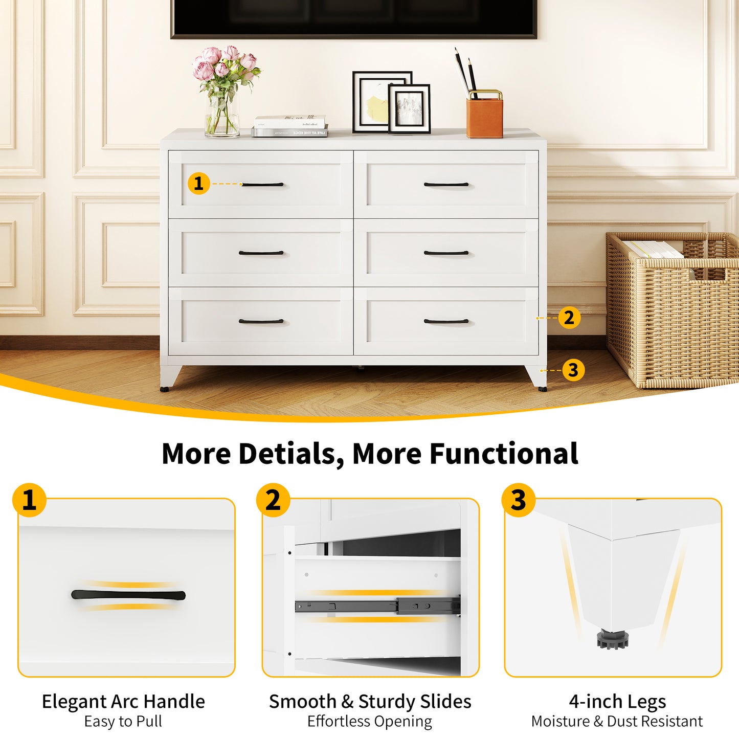 VIYET 6-Drawer White Dresser for Bedroom, Modern Metal Storage Chest with Smooth-Glide Drawers for Closet, Hallway & Entryway