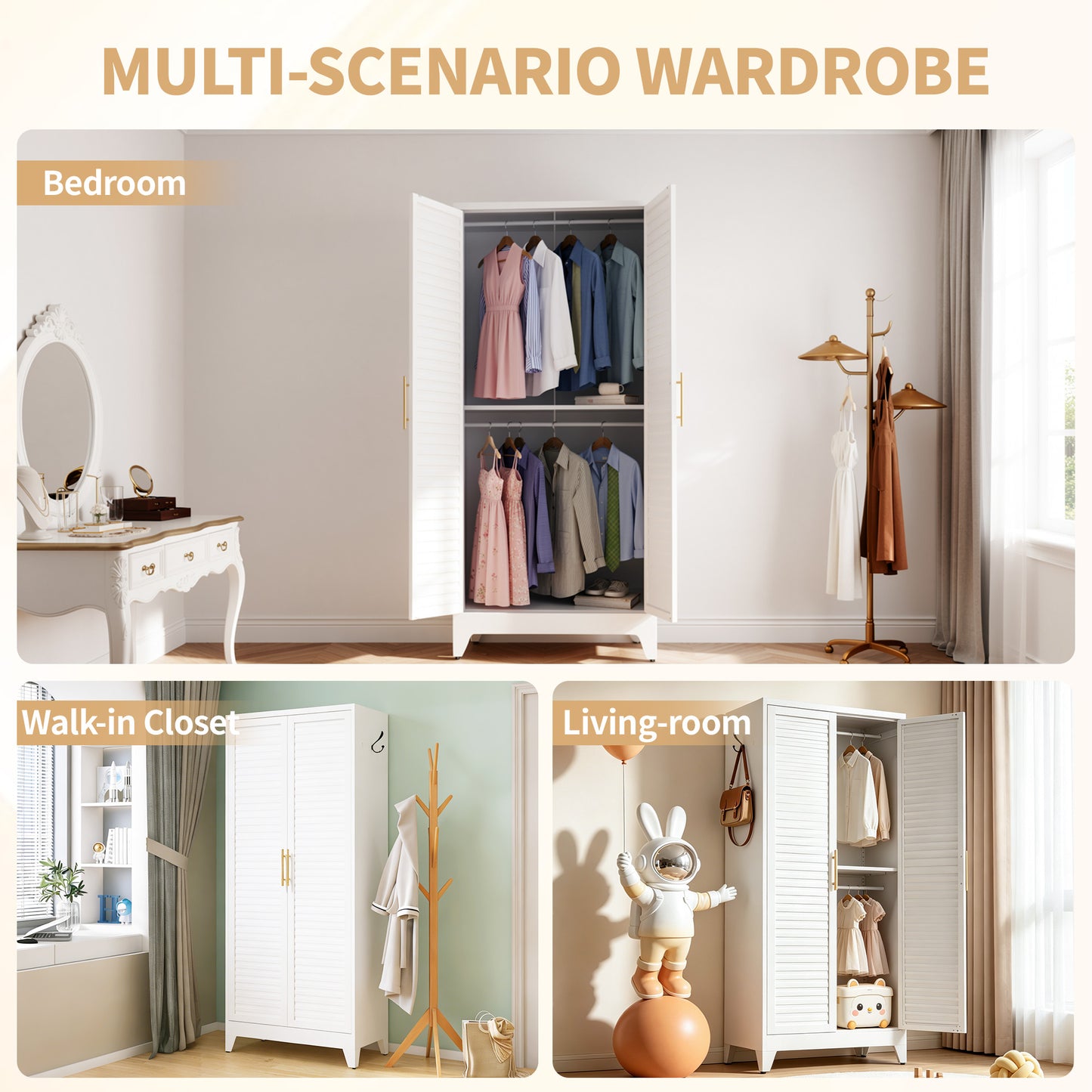 VIYET 71" Metal Wardrobe Closet with Adjustable Hanging Rod, Louvered Doors, Side Hooks & Shelves, Heavy Duty Clothing Storage Cabinet for Bedroom, Laundry Room, White