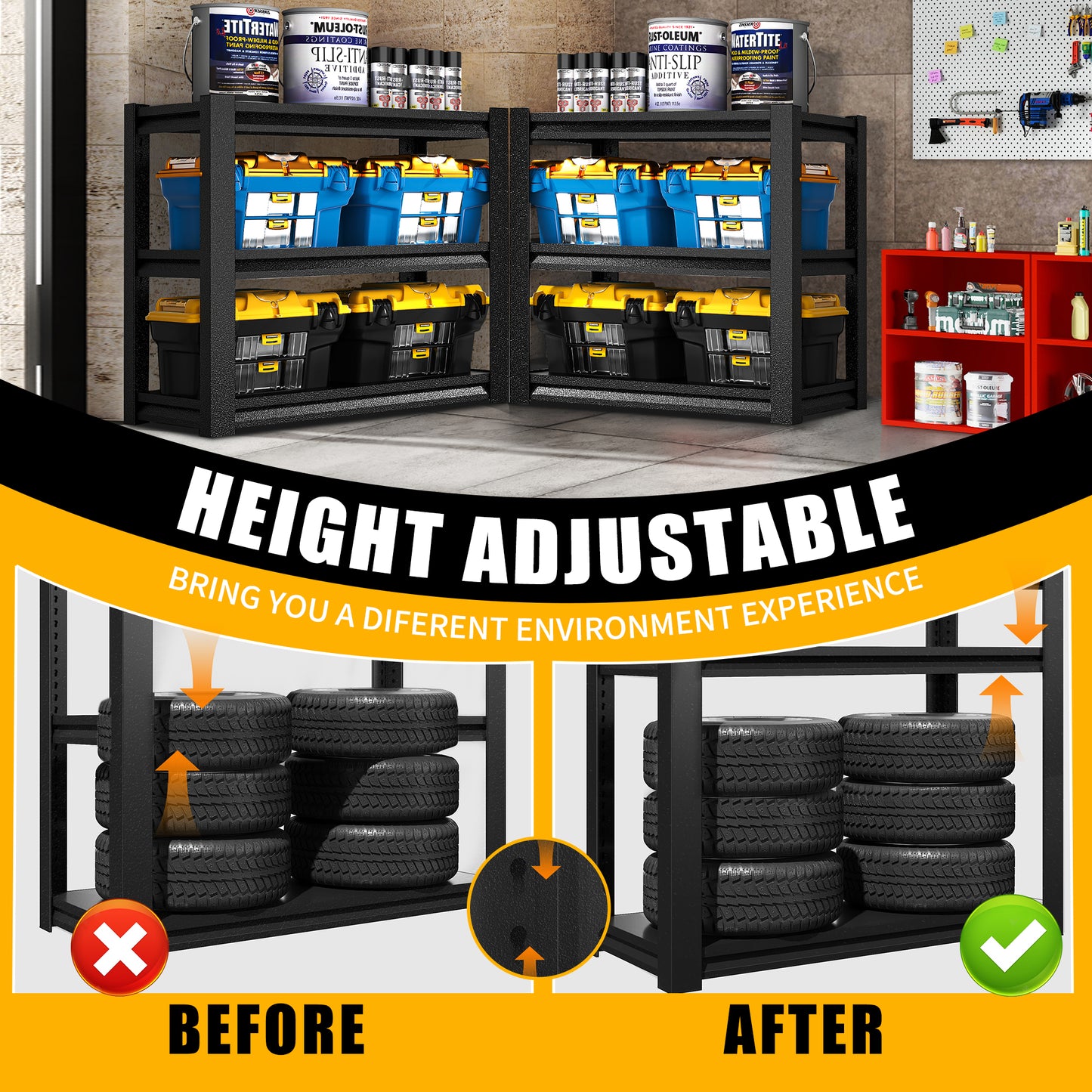 VIYET Heavy Duty 3 Tier Metal Garage Shelving, Adjustable Steel Storage Rack, 2500 LBS Utility Shelf for Garage, Workshop & Warehouse, Black