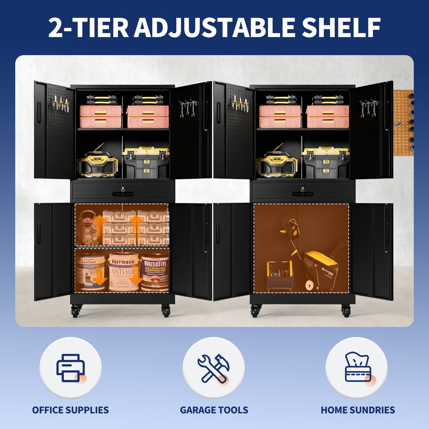 VIYET 71" Metal Garage Storage Cabinet with Drawer, Lockable Doors, Adjustable Shelves, Pegboard & Rolling Wheels for Home Office Utility