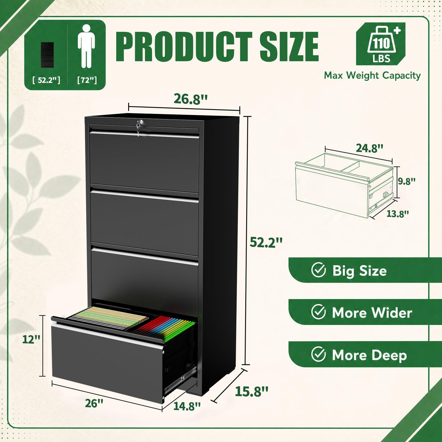 VIYET 4 Drawer Lateral File Cabinet with Lock, Metal Filing Cabinet for Home Office, Steel File Cabinet Fits Letter, Legal, A4 & F4 Hanging Files, Black