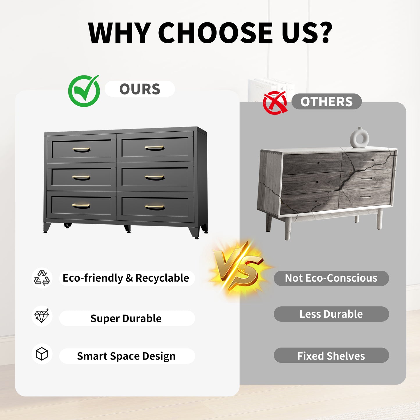 VIYET 6-Drawer Black Dresser for Bedroom, Low-Profile Chest of Drawers with Smooth-Glide Storage