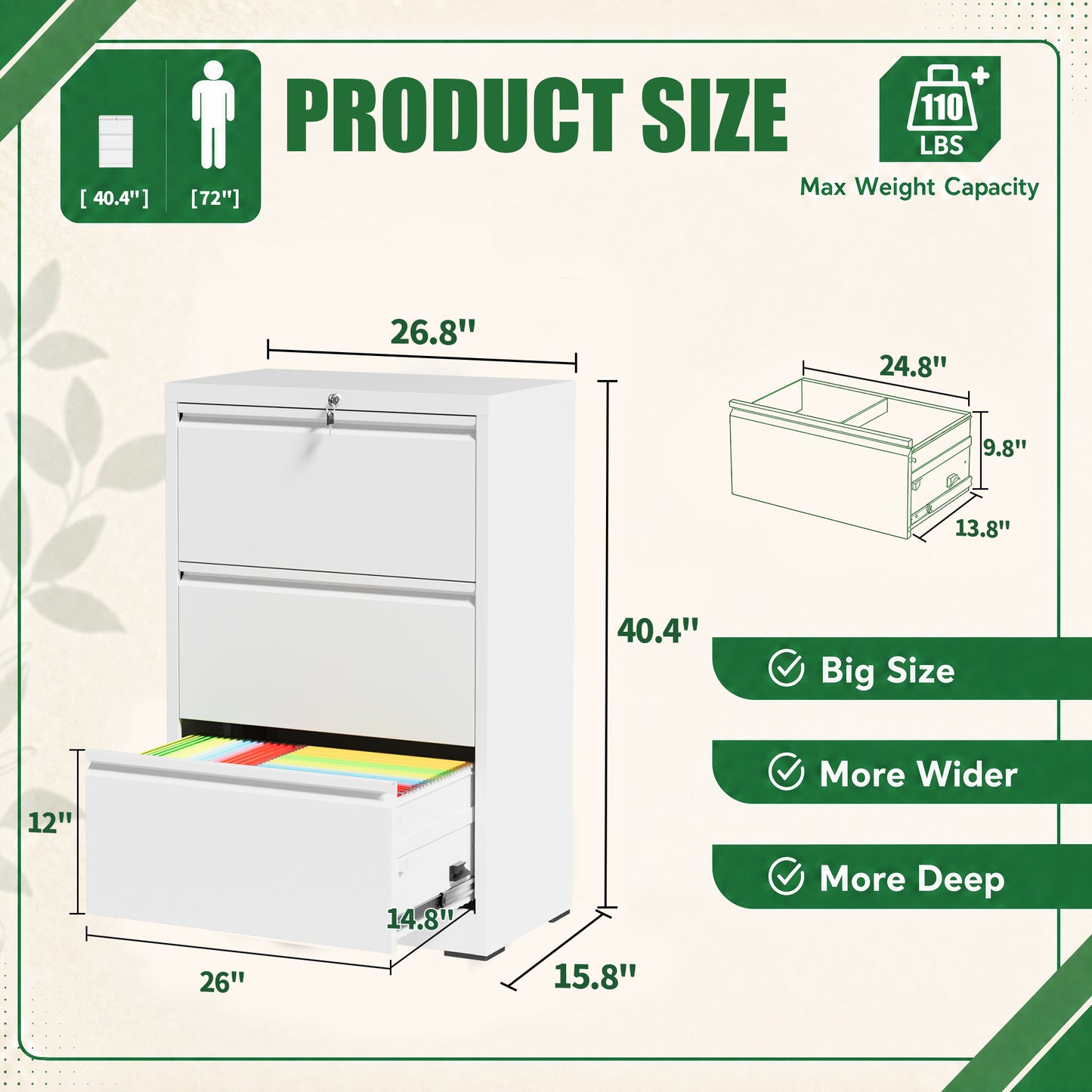 VIYET 3 Drawer Lateral File Cabinet with Lock, White Metal Filing Cabinet for Home Office, Fits Letter, Legal, A4 & F4 Hanging Files
